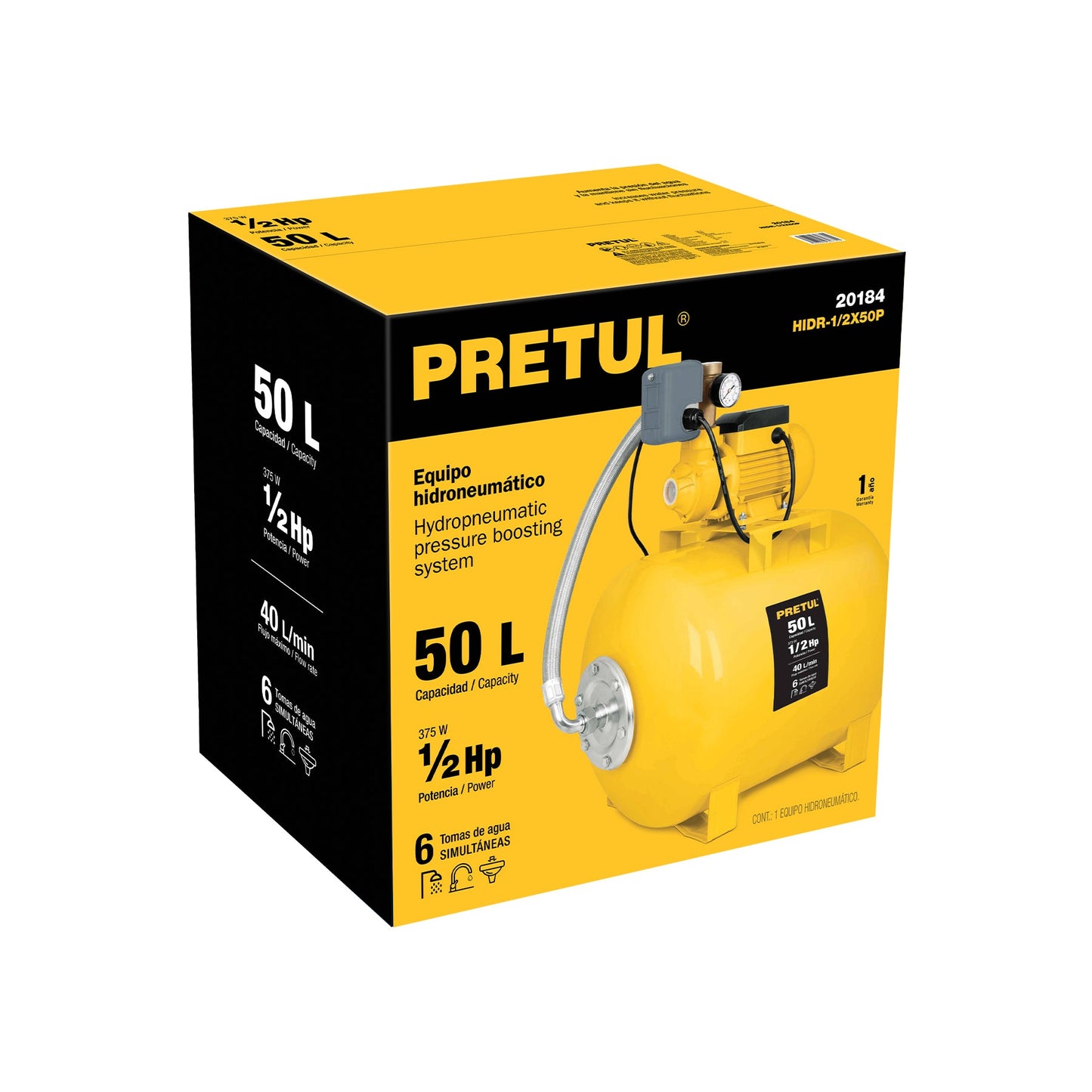 Equipo hidroneumático 50L, bomba periférica 1/2 HP, PRETUL | HIDR-1/2X50P | 20184