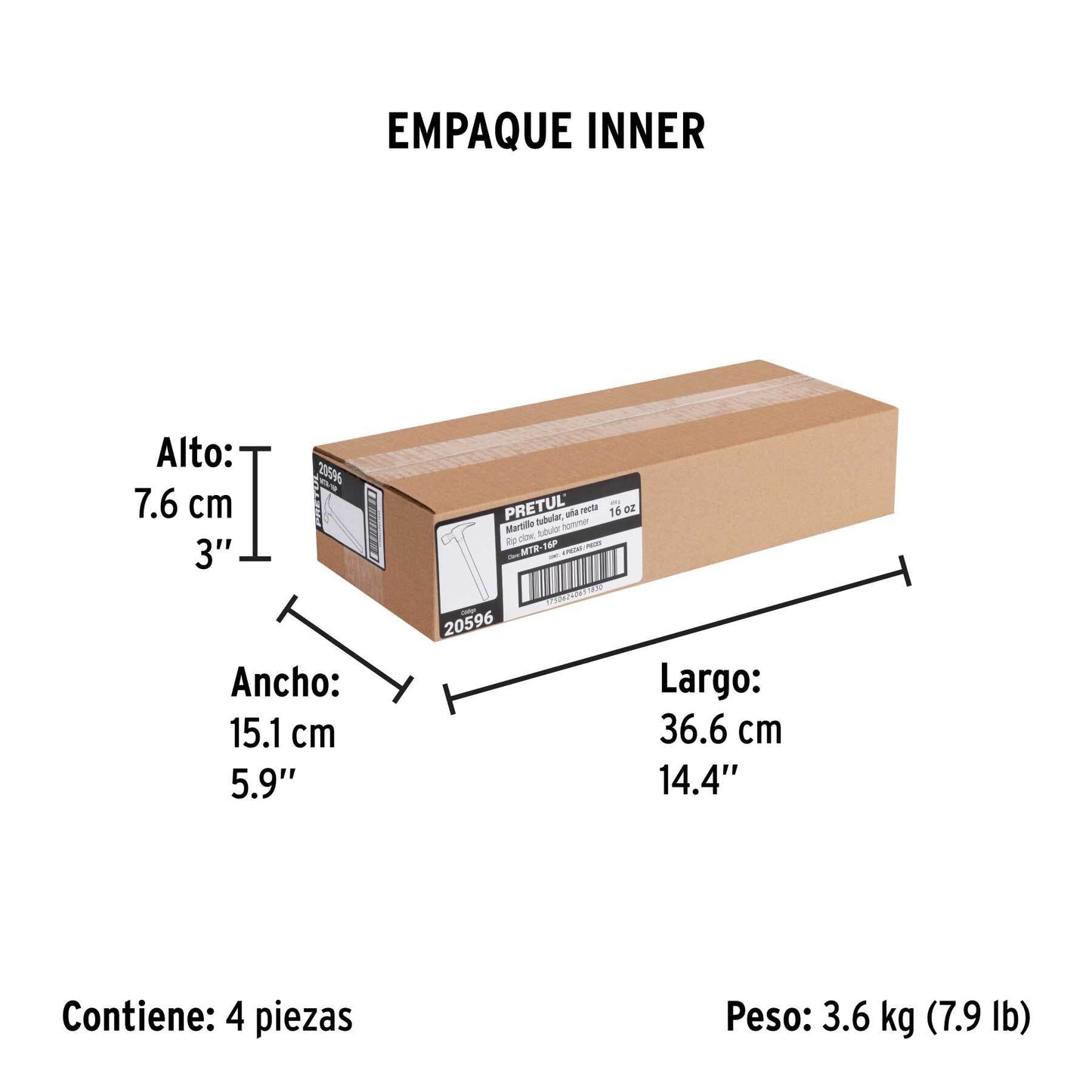 Martillo uña recta 16 oz, mango tubular, Pretul | MTR-16P | 20596