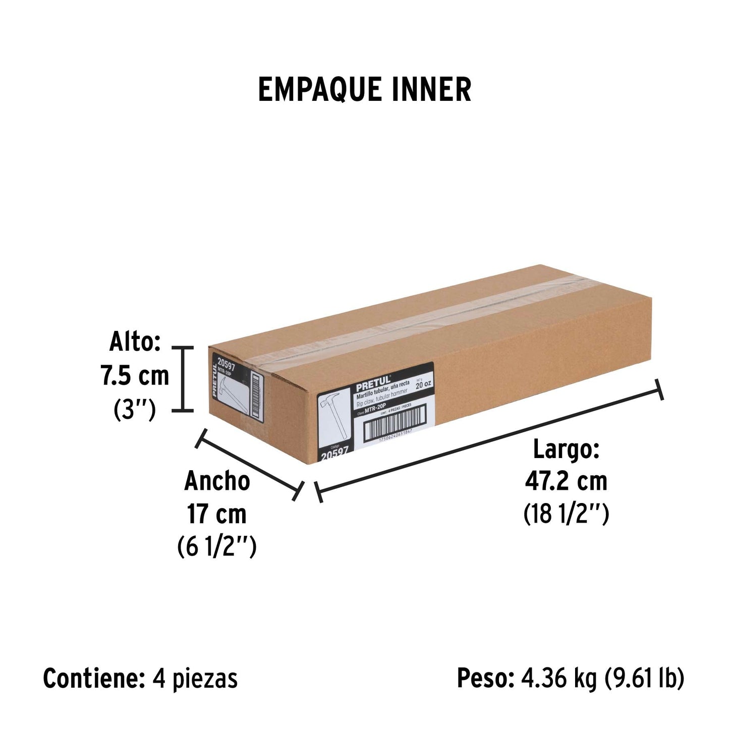 Martillo uña recta 20 oz, mango tubular, Pretul | MTR-20P | 20597