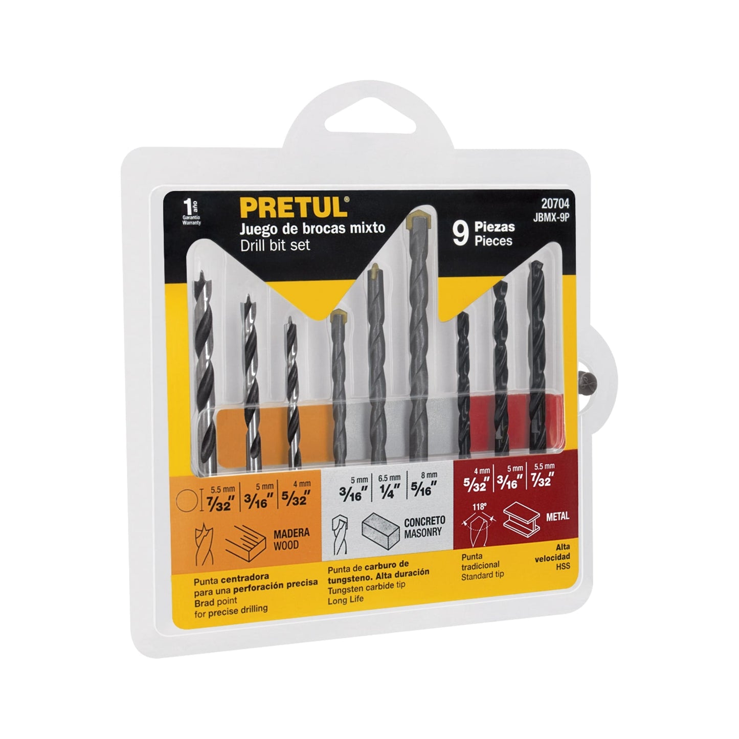 Juego de 9 brocas para metal, concreto y madera, Pretul | JBMX-9P | 20704