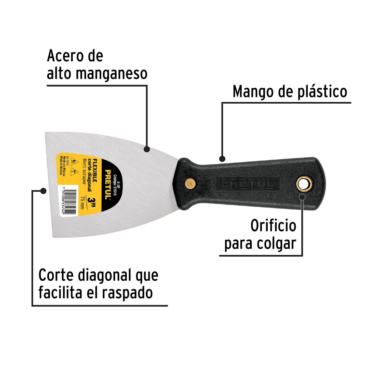 Espátula flexible 3' con mango de plástico, Pretul | E-3F | 21516