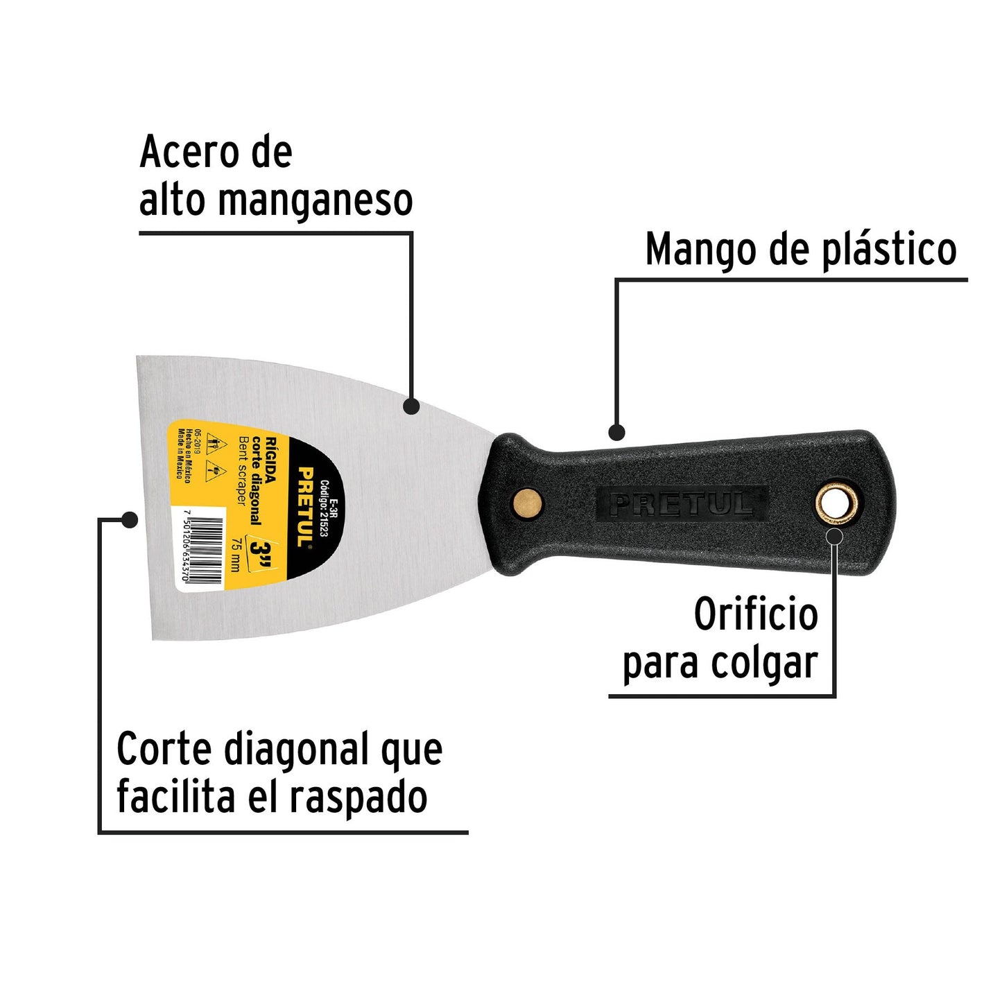 Espátula rígida 3' con mango de plástico, Pretul | E-3R | 21523