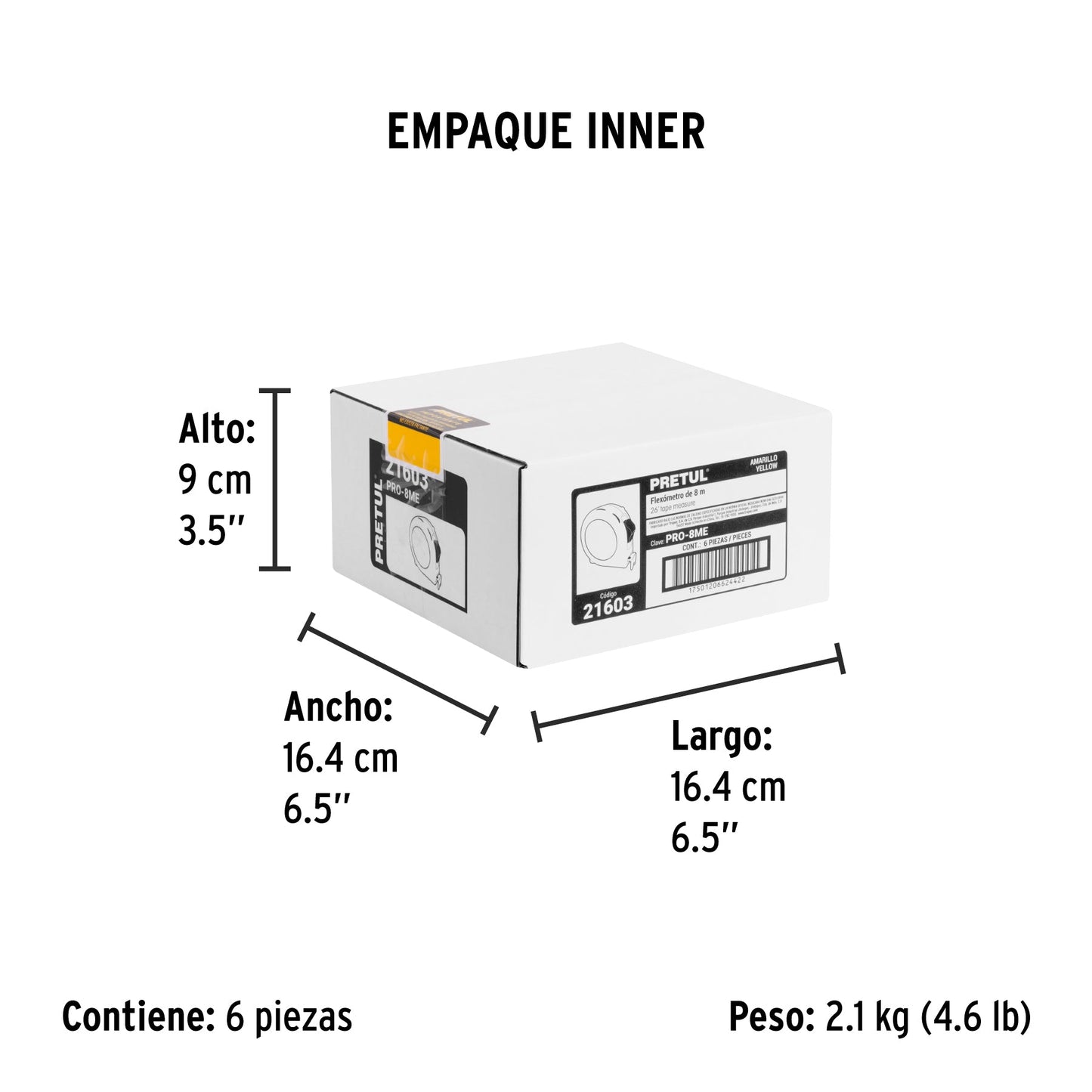 Flexómetro amarillo 8 m cinta 25 mm, en tarjeta, PRETUL | PRO-8ME | 21603