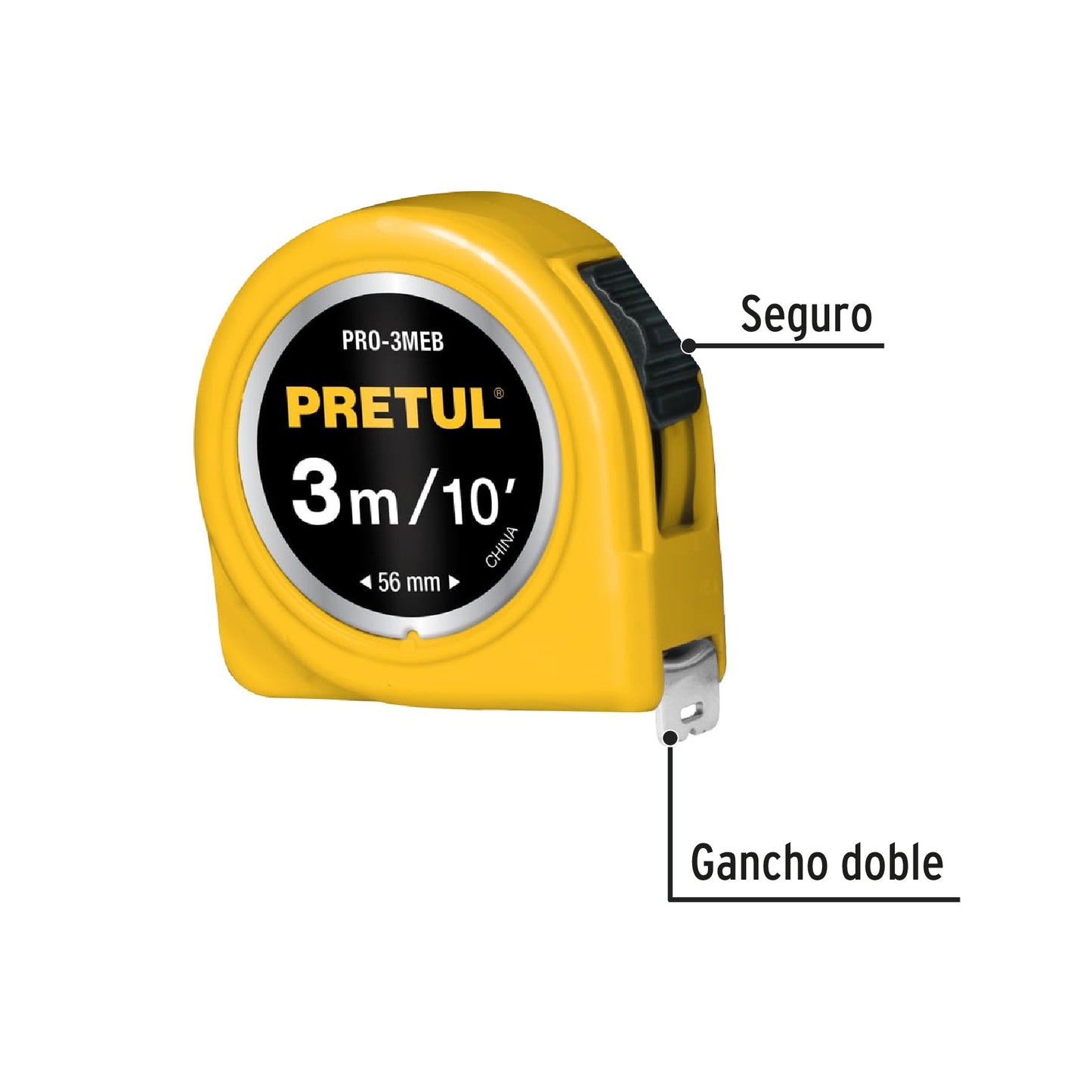 Flexómetro amarillo 3 m cinta 13 mm, en tarjeta, PRETUL | PRO-3MEB | 21605