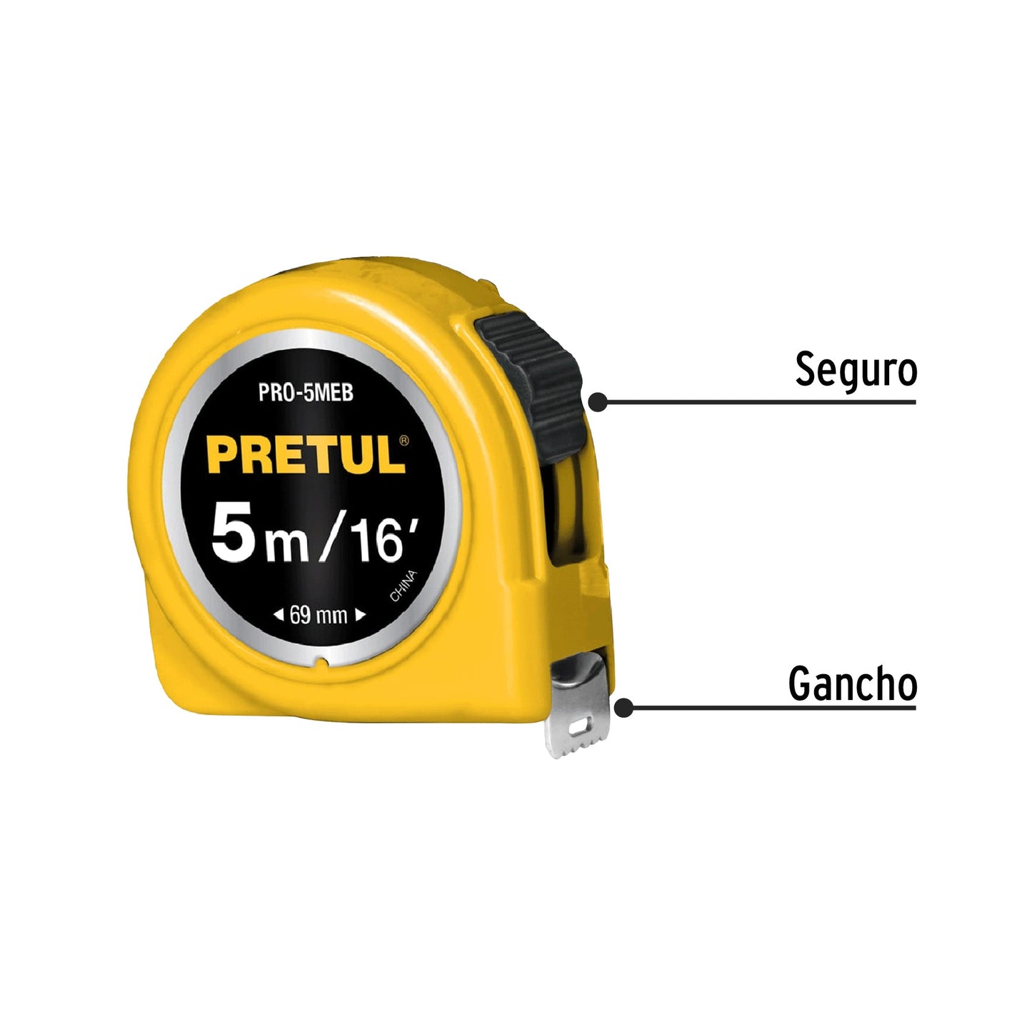 Flexómetro amarillo 5 m cinta 19 mm, en tarjeta, PRETUL | PRO-5MEB | 21606