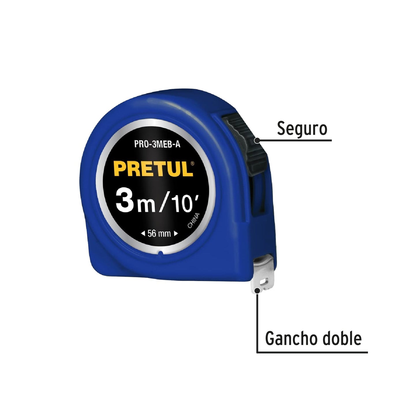 Flexómetro azul 3 m cinta 13 mm, en tarjeta, PRETUL | PRO-3MEB-A | 21609