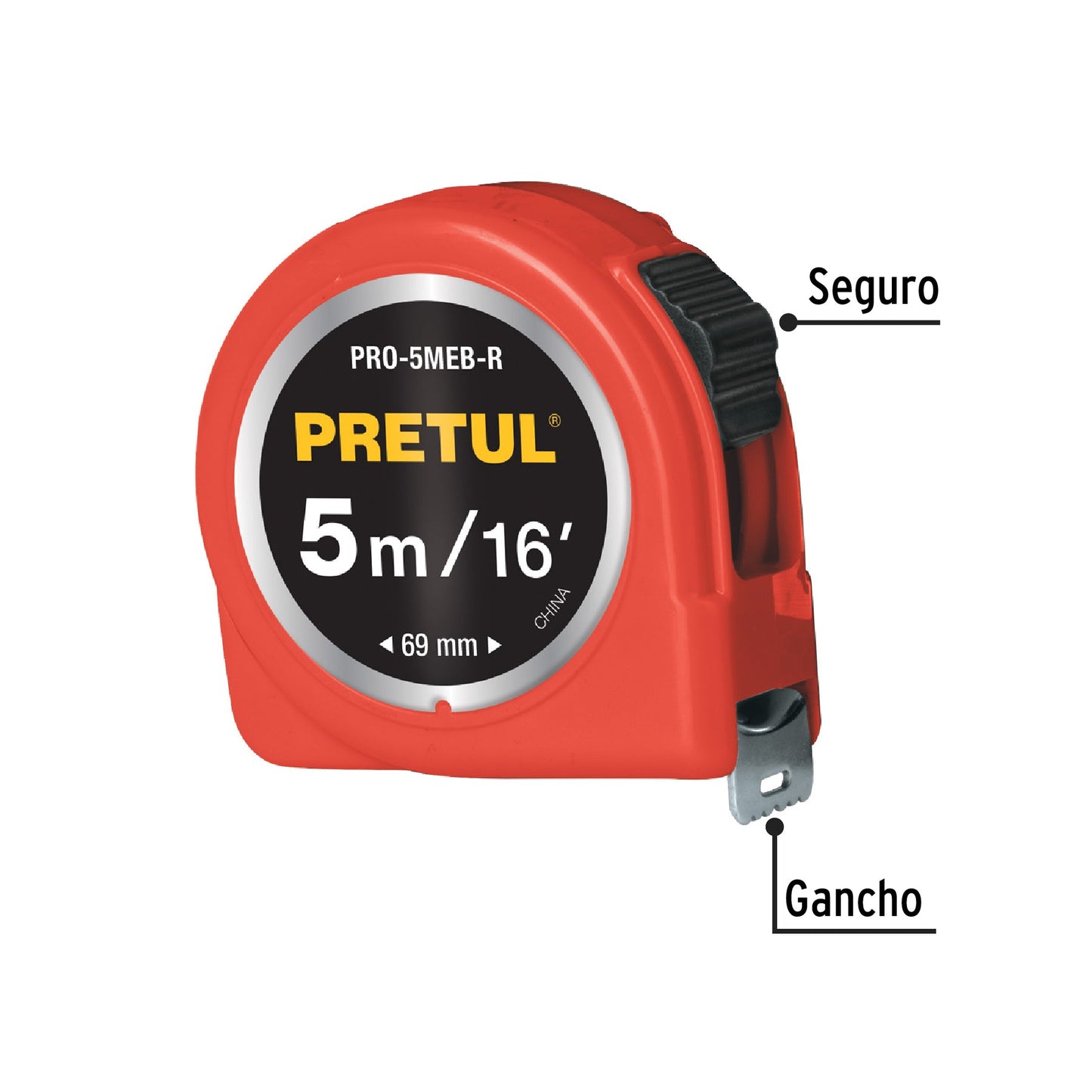 Flexómetro rojo 5 m cinta 19 mm, en tarjeta, PRETUL | PRO-5MEB-R | 21612