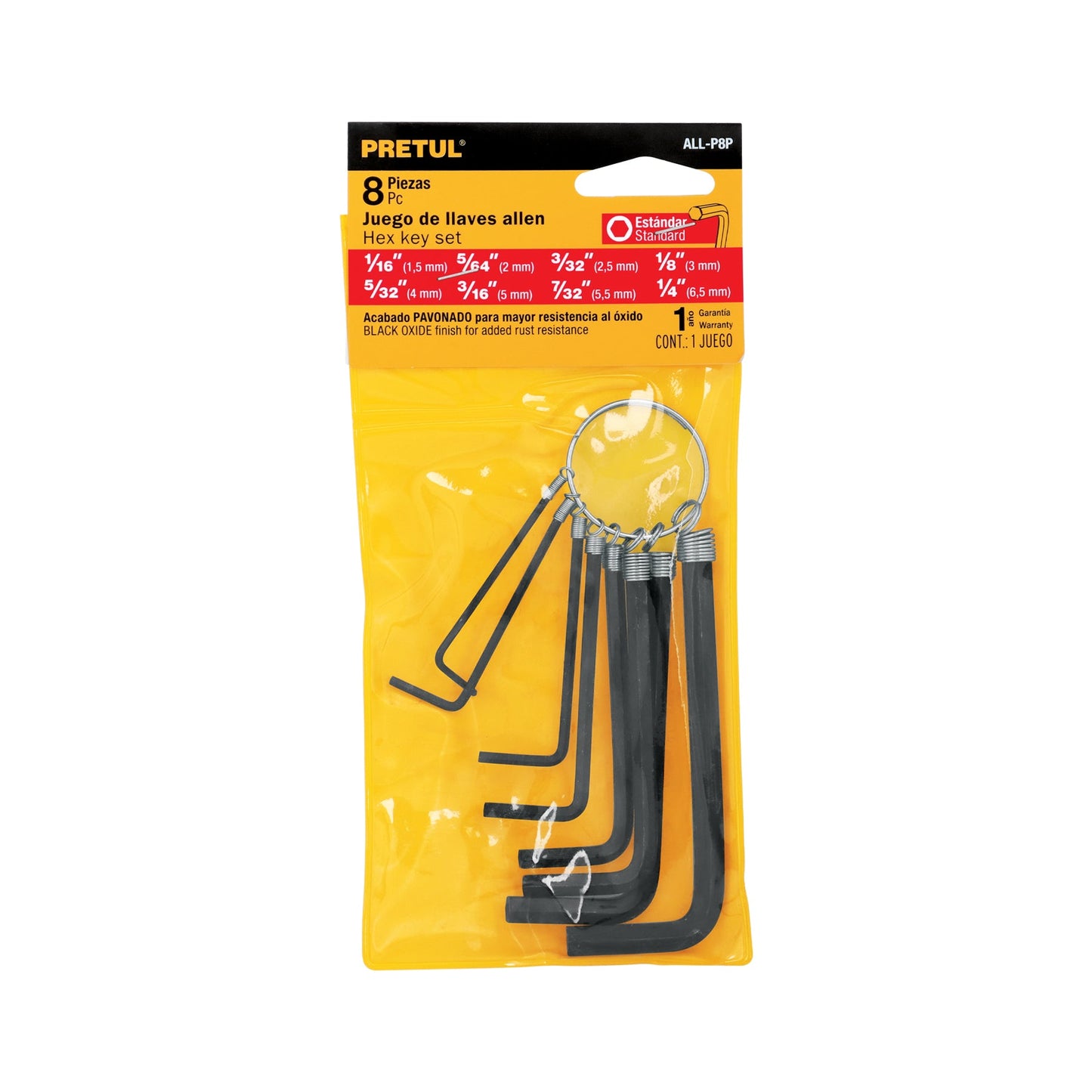 Juego de 8 llaves allen std tipo llavero, punta hex, PRETUL | ALL-P8P | 21850