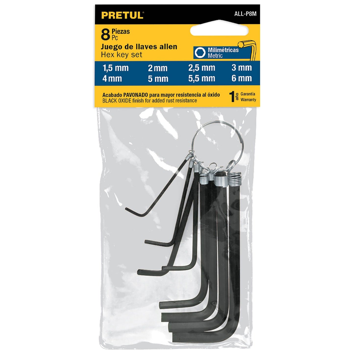Juego de 8 llaves allen mm tipo llavero, punta hex, PRETUL | ALL-P8M | 21851