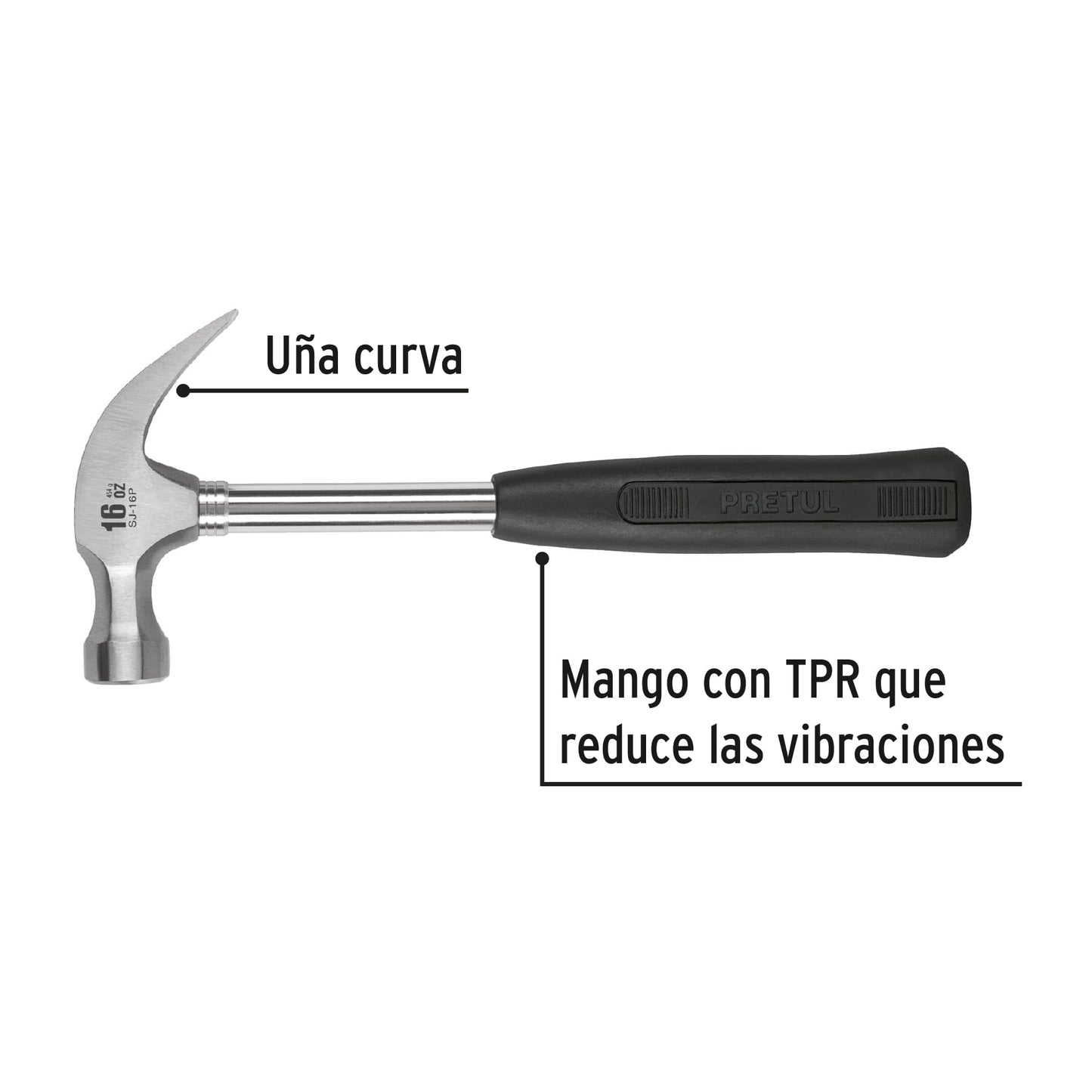 Martillo pulido, 16 oz, uña curva, mango tubular, Pretul | SJ-16P | 22270