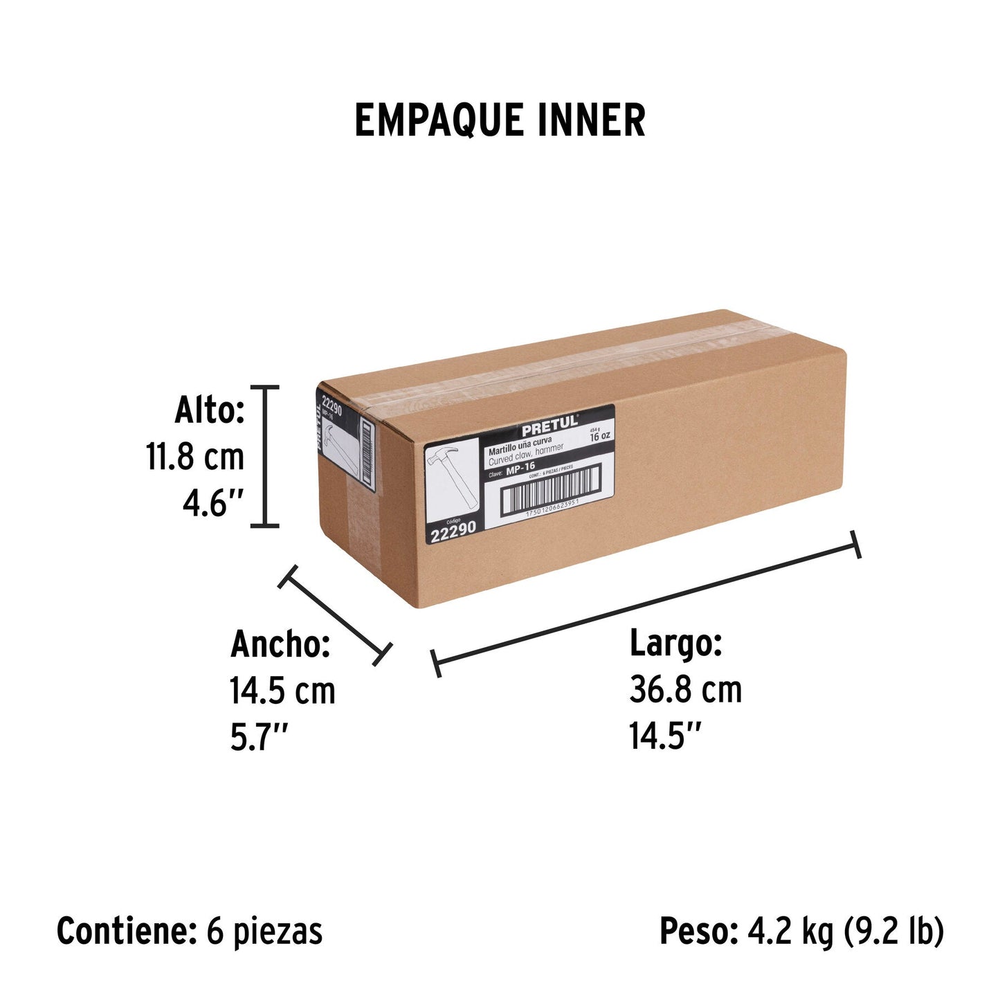 Martillo semipulido, 16 oz, uña curva, PRETUL | MP-16 | 22290