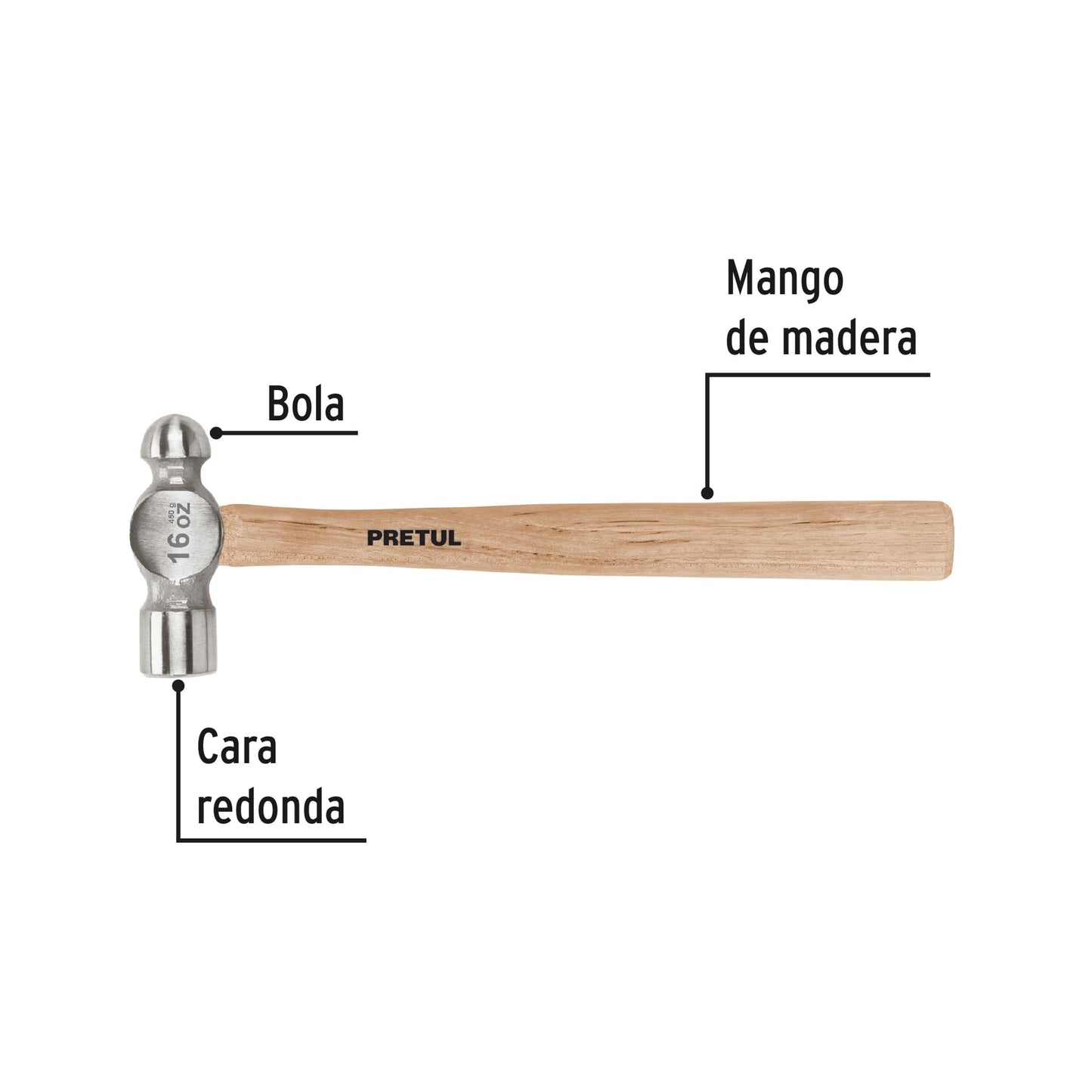 Martillo pulido de bola 16 oz mango madera, Pretul | MB-16P | 22658