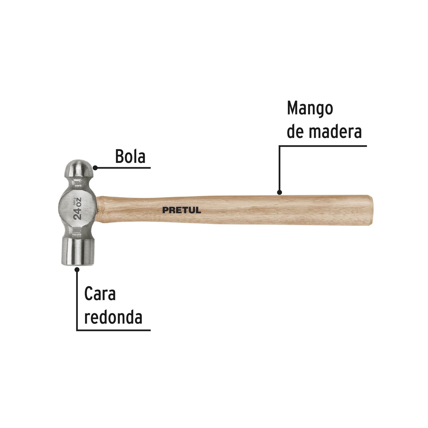 Martillo pulido de bola 24 oz mango madera, Pretul | MB-24P | 22659