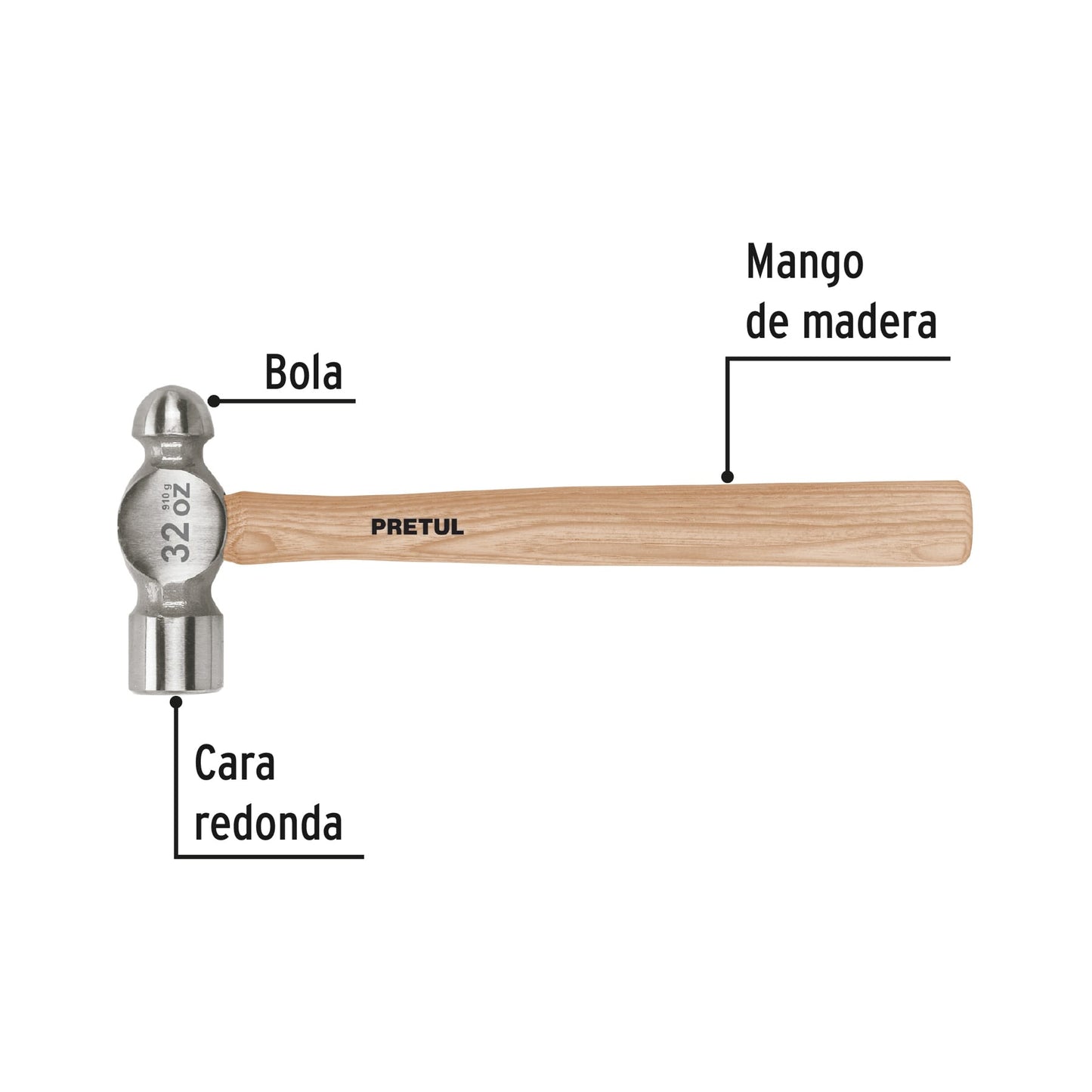 Martillo pulido de bola 32 oz mango madera, Pretul | MB-32P | 22660