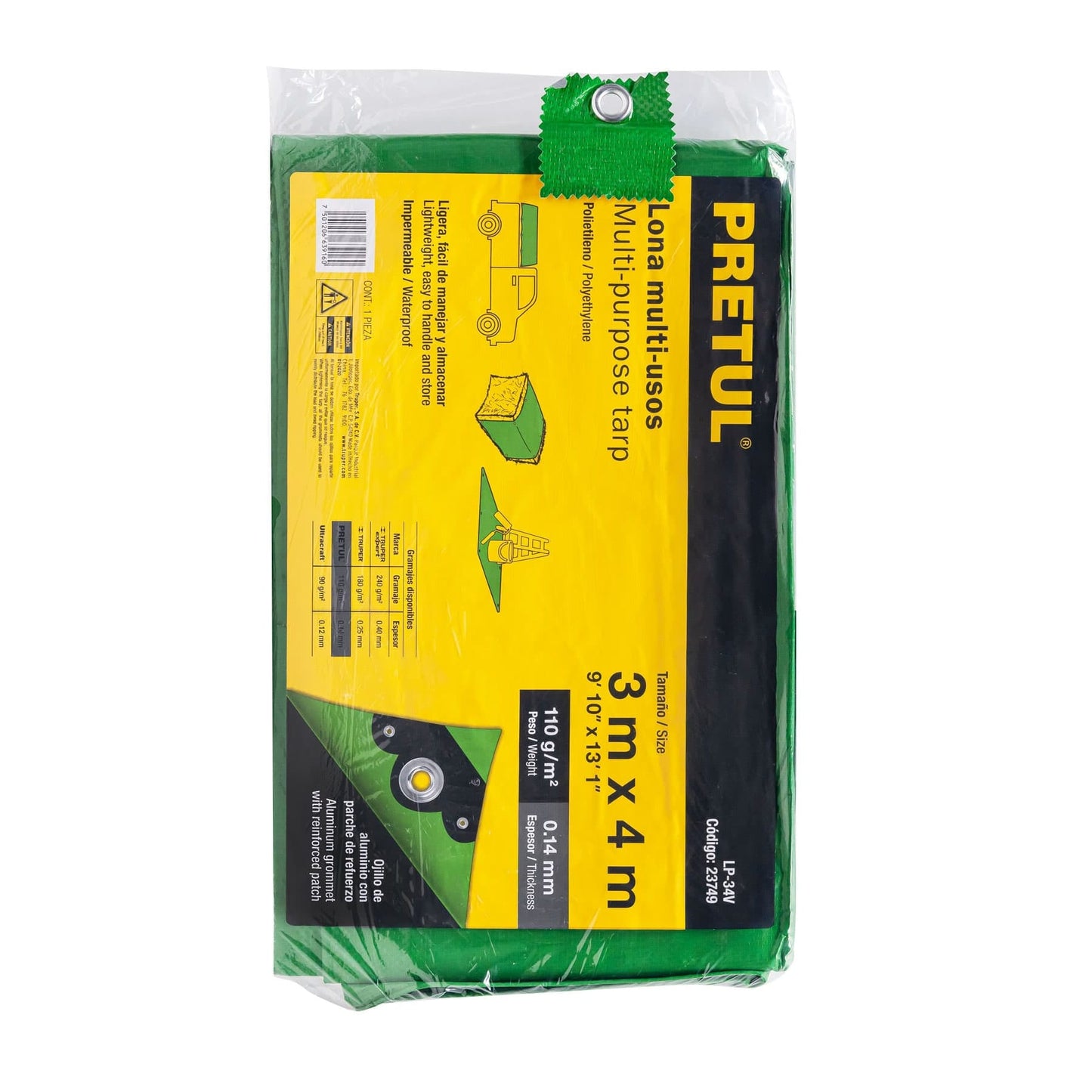Lona de polietileno 3 x 4 m, verde, 110 g/m2, PRETUL | LP-34V | 23749
