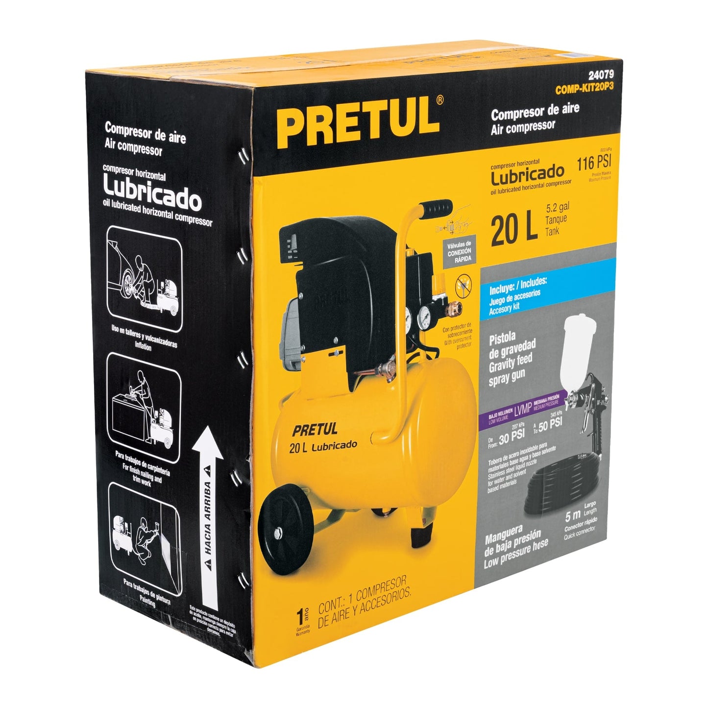 Kit Compresor lub, 20L, manguera y pistola grav,127V, PRETUL | COMP-KIT20P3 | 24079