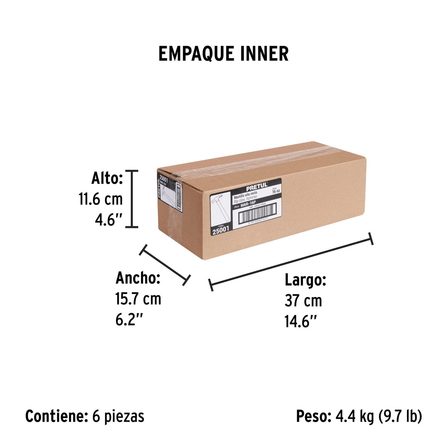 Martillo semipulido, 16 oz, uña recta, PRETUL | MAR-16P | 25001