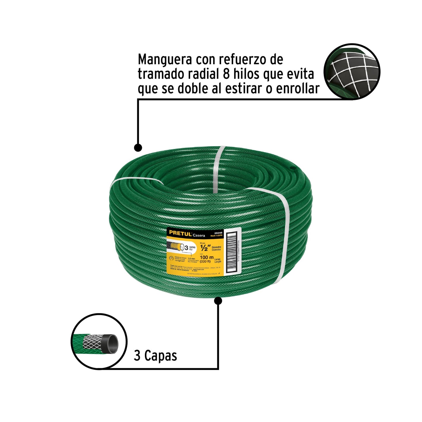 Metro de manguera 1/2' 3 capas en rollo de 100 m, Pretul | MAN-1/2PR | 25046