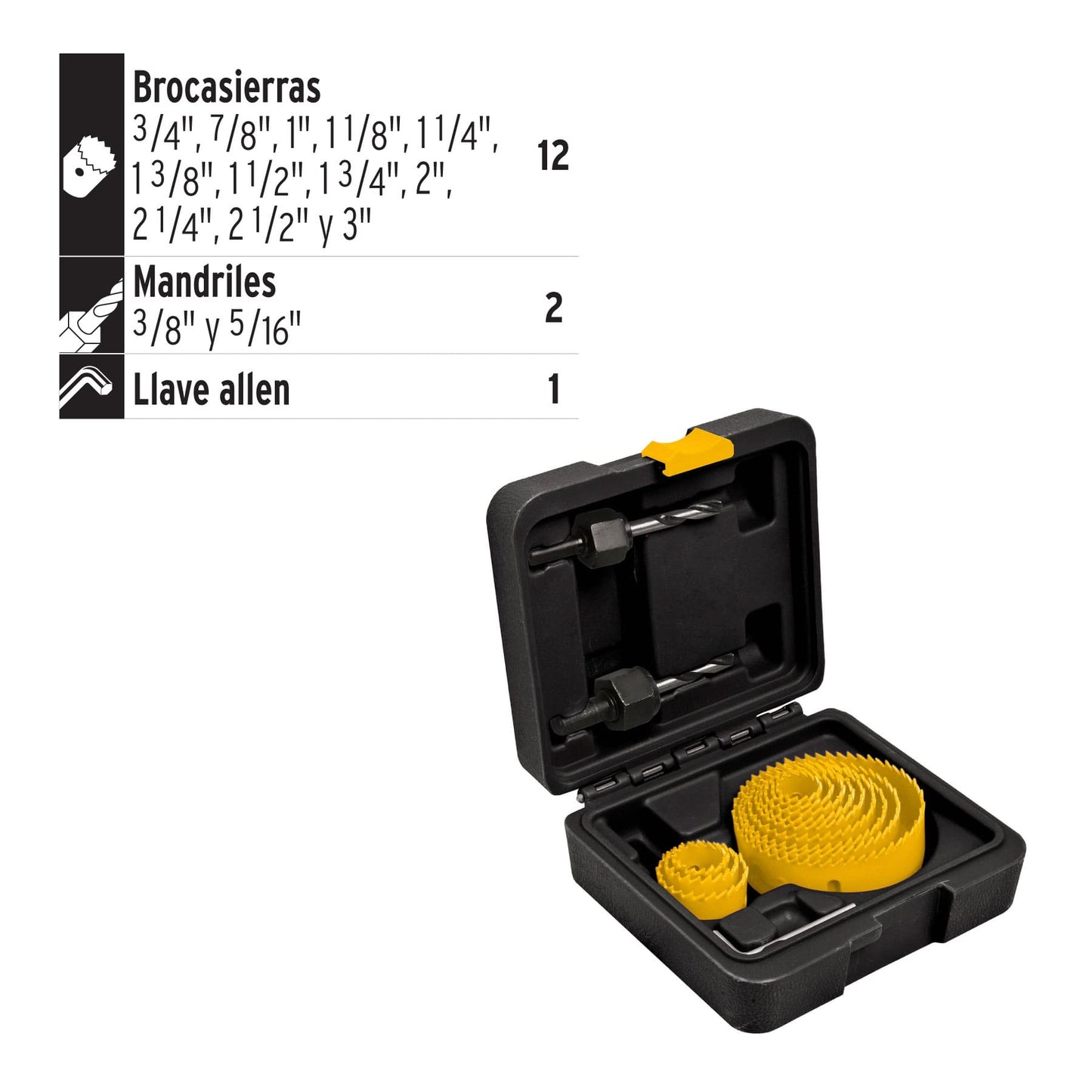 Juego de 12 brocasierras, 2 mandriles y llave allen, Pretul | KIT-14P | 26037