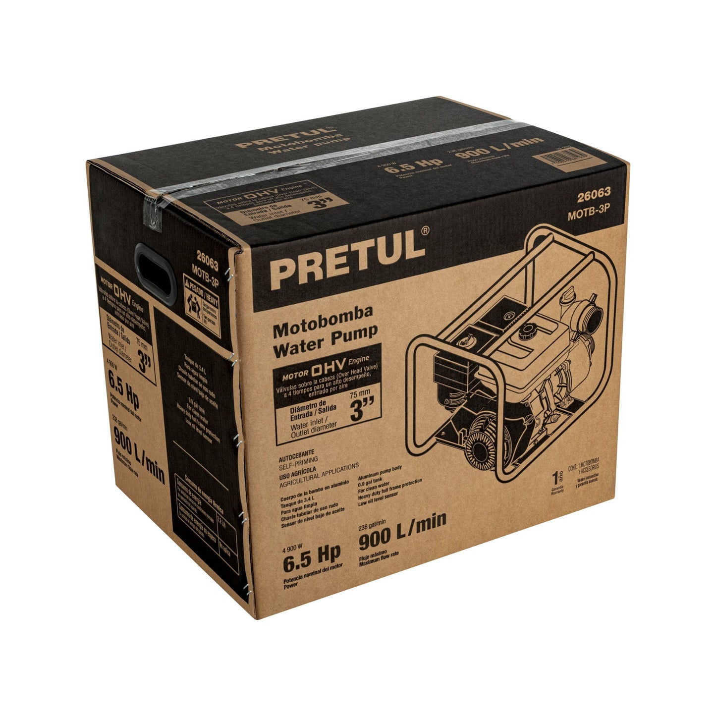 Motobomba autocebante 3'x3', gas. 6-1/2HP, agrícola, PRETUL | MOTB-3P | 26063