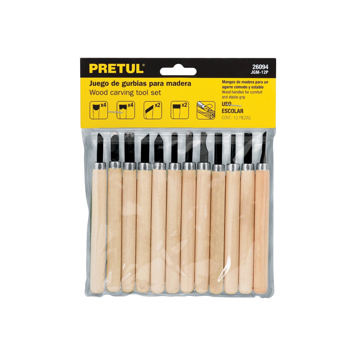 Juego de 12 gurbias escolares para madera, Pretul | JGM-12P | 26094