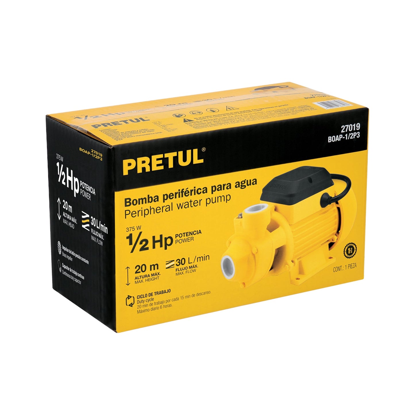 Bomba periférica 1/2HP, altura máx 20m, uso agrícola, PRETUL | BOAP-1/2P3 | 27019