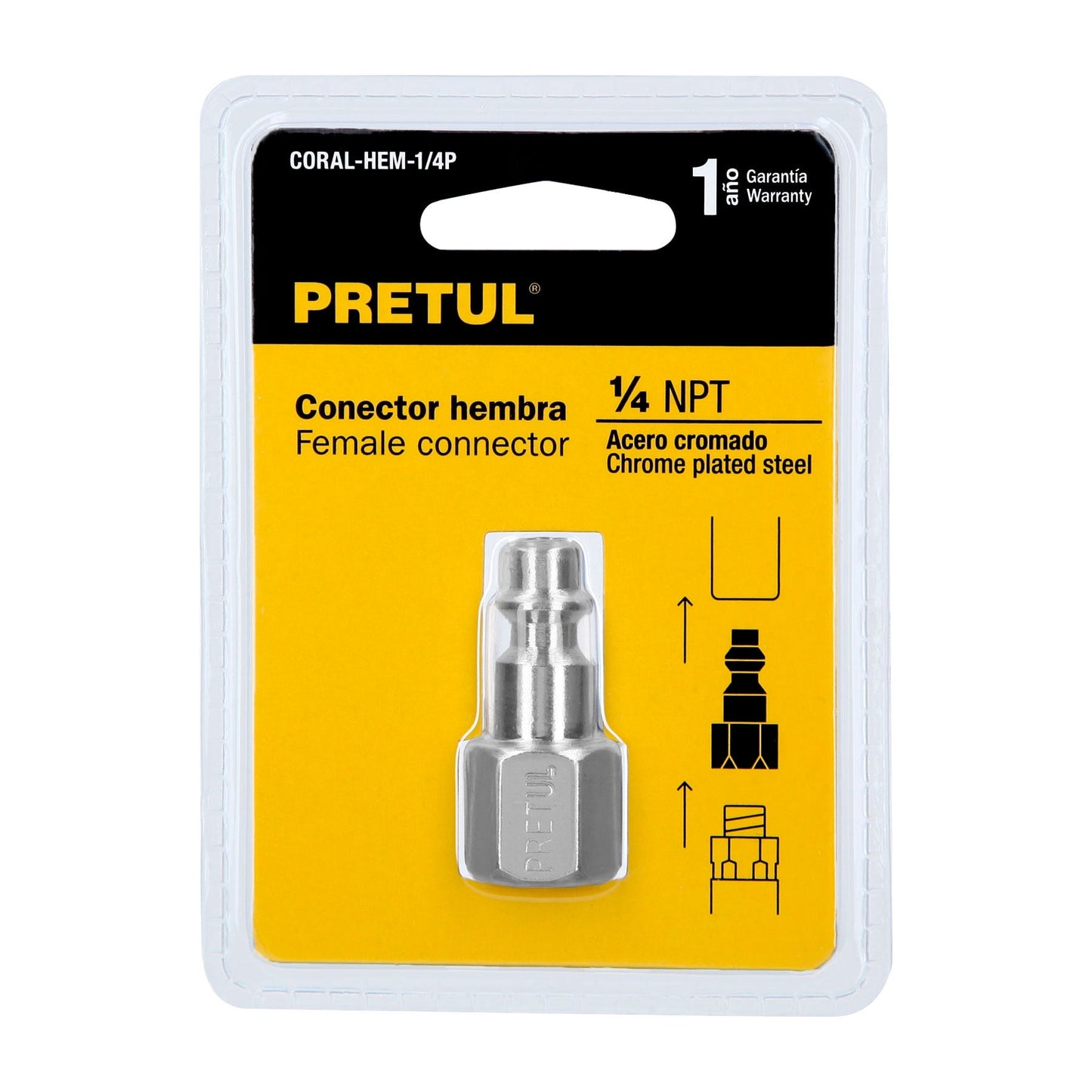 Conector rápido de acero, hembra, cuerda 1/4' NPT, PRETUL | CORAL-HEM-1/4P | 27022