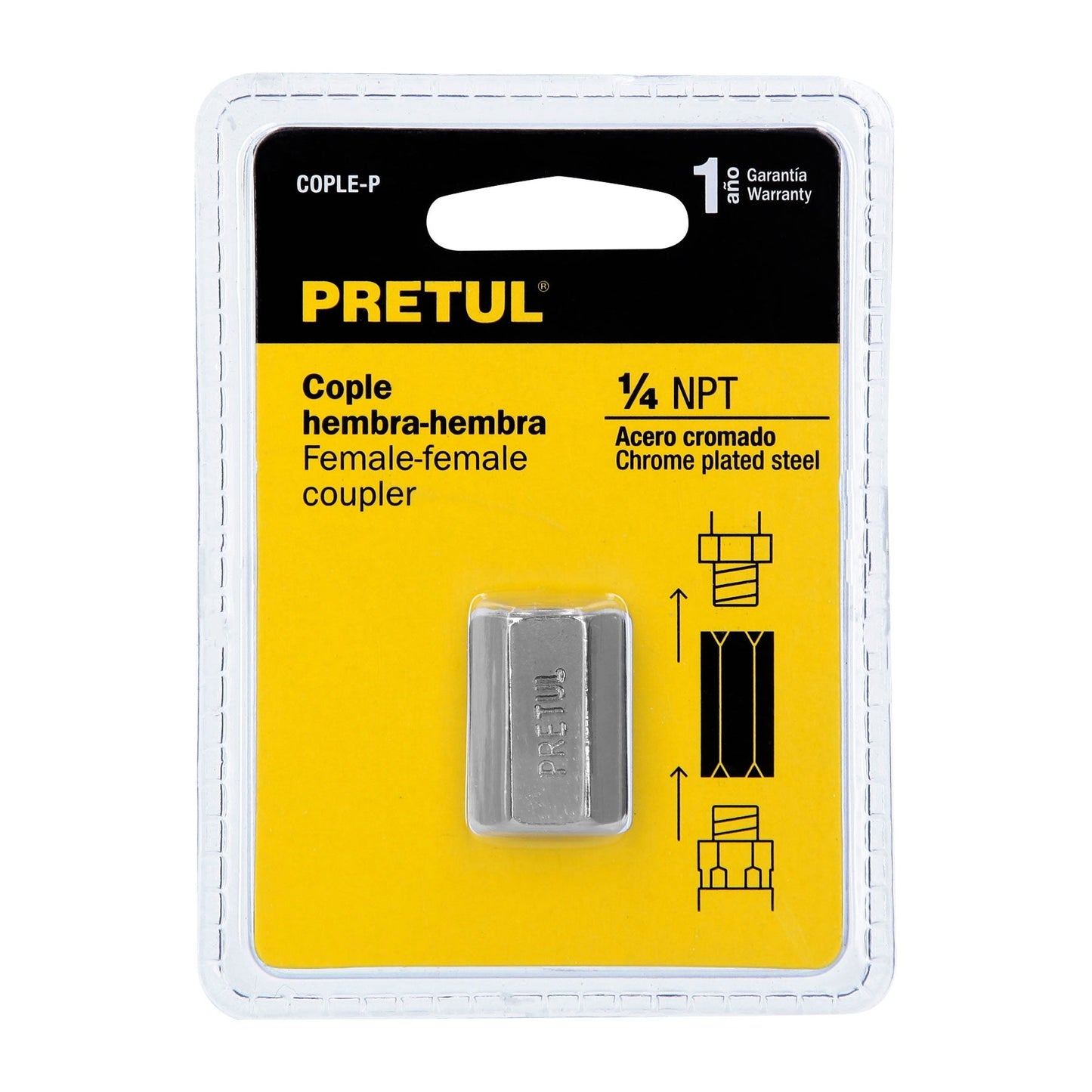 Cople de acero, hembra-hembra, cuerda 1/4' NPT, PRETUL | COPLE-P | 27027