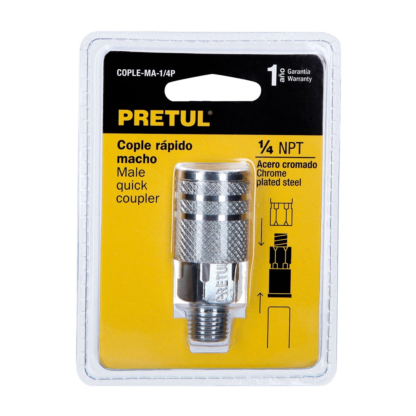 Cople rápido de acero, macho, cuerda 1/4' NPT, PRETUL | COPLE-MA-1/4P | 27029