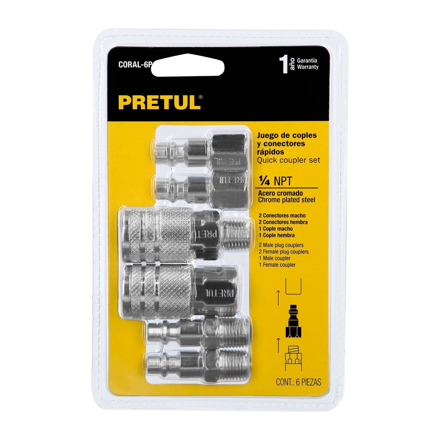 Juego de 4 conectores rápidos y 2 coples, de acero, PRETUL | CORAL-6P | 27030