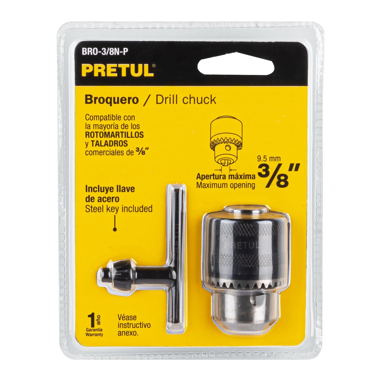 Broquero 3/8' con llave, cuerpo moleteado, PRETUL | BRO-3/8N-P | 27037