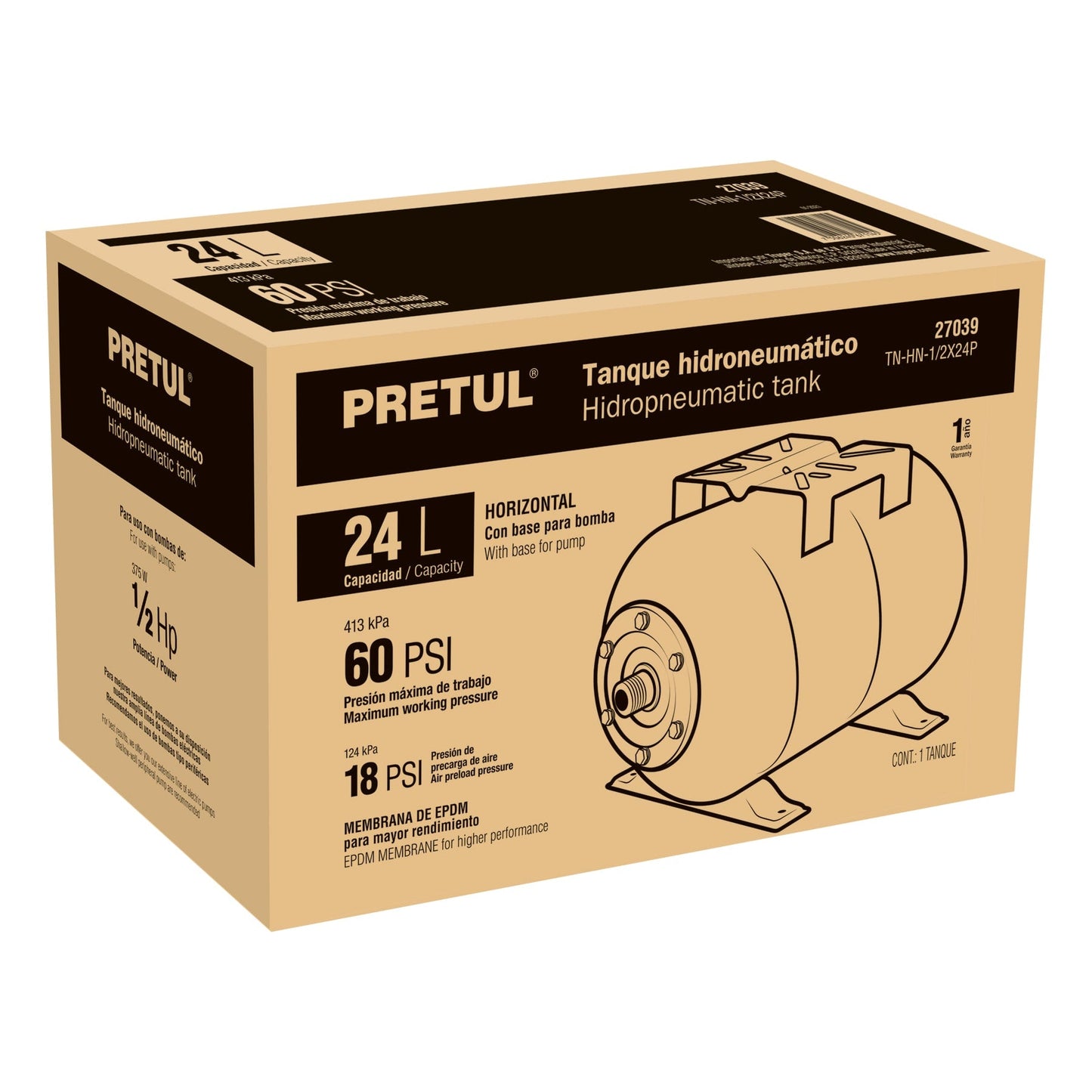 Tanque hidroneumático horizontal, 24 litros, PRETUL | TN-HN-1/2X24P | 27039