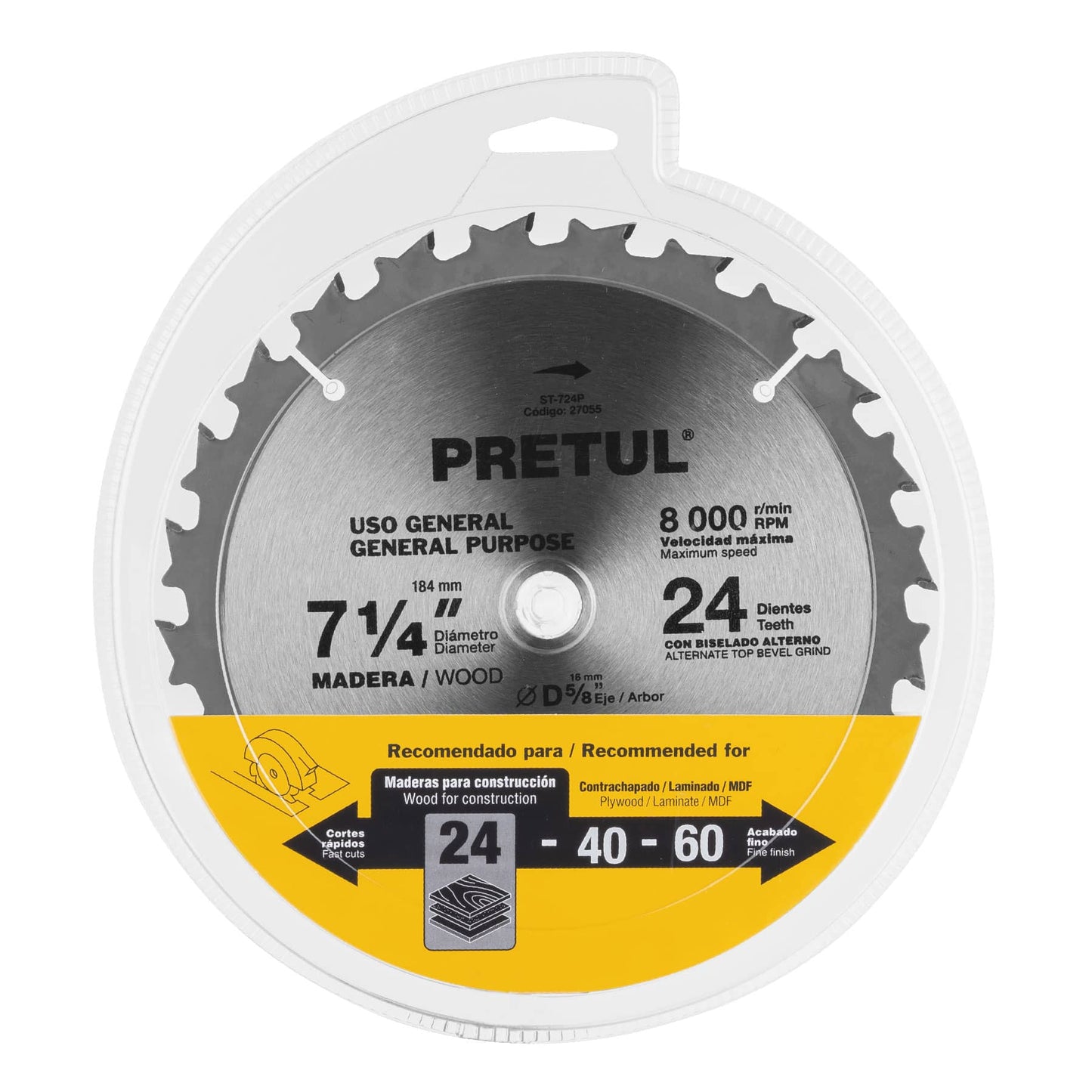 Disco sierra 7-1/4' p/madera, 24 dientes centro 5/8', Pretul | ST-724P | 27055