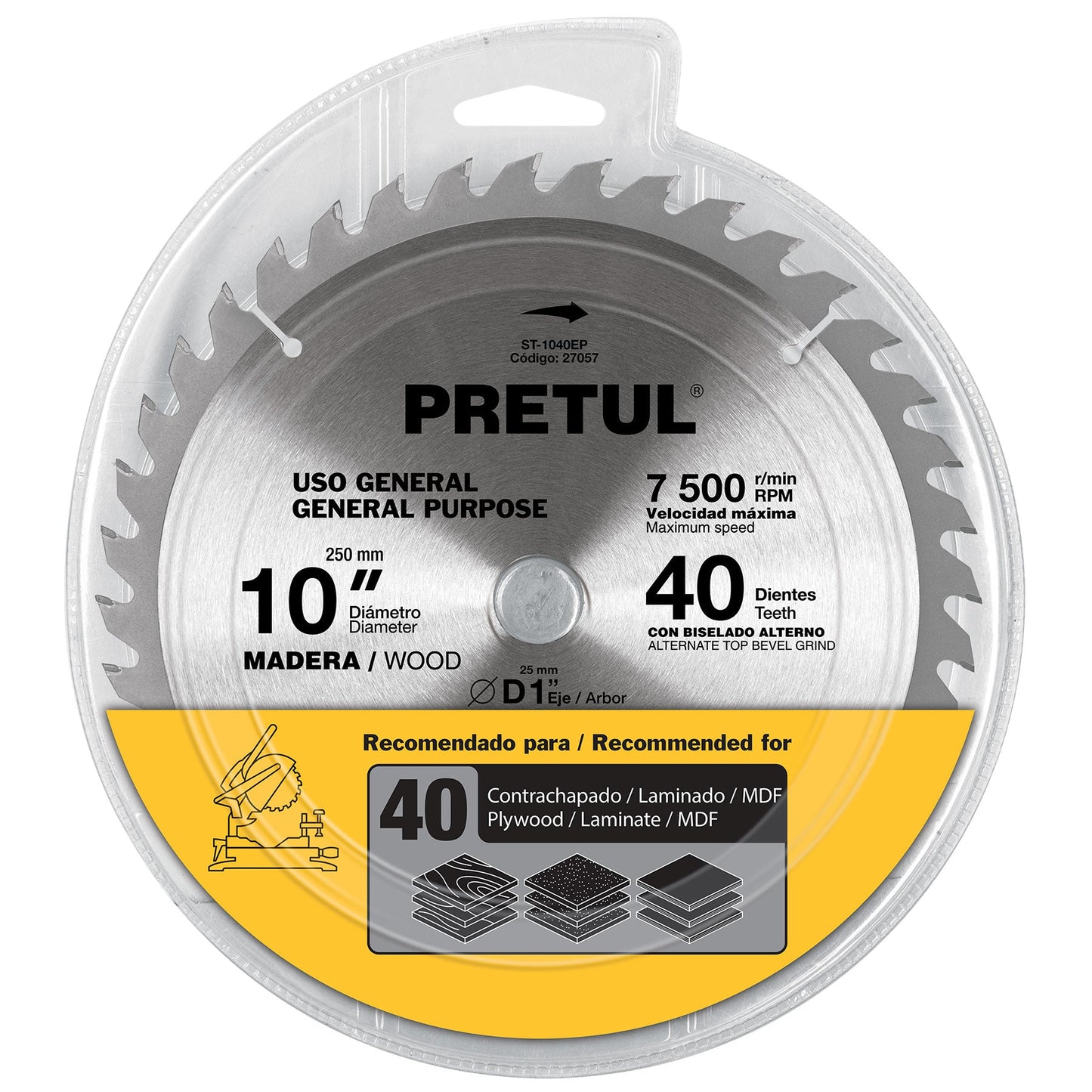 Disco sierra 10' para madera, 40 dientes centro 1', Pretul | ST-1040EP | 27057