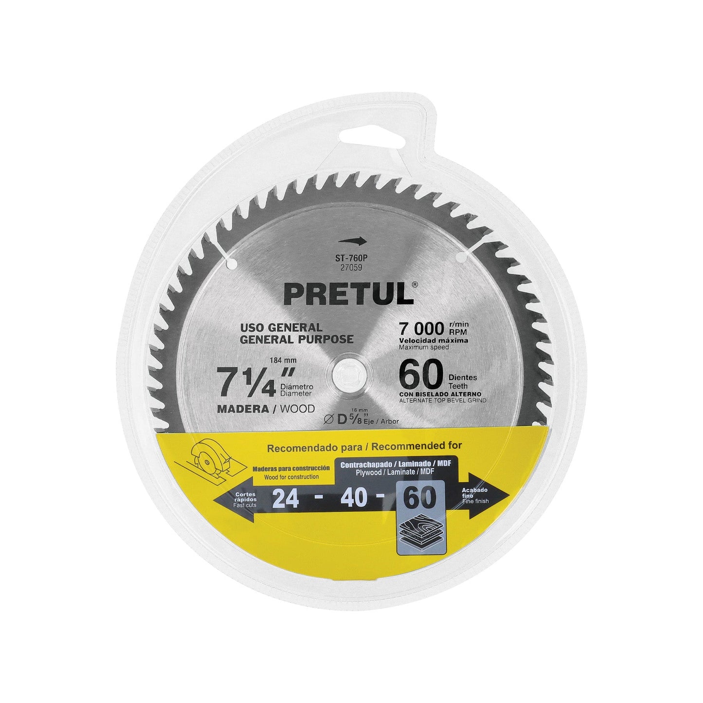 Disco sierra 7-1/4' p/madera, 60 dientes centro 5/8', Pretul | ST-760P | 27059