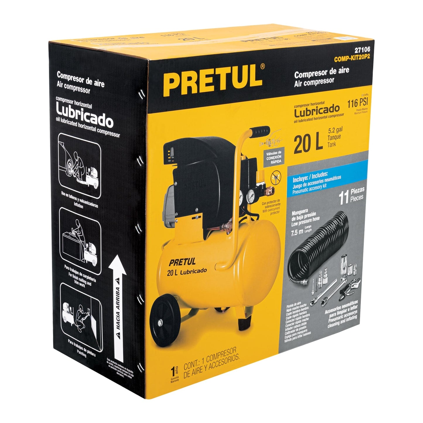 Kit Compresor lub, 20L, manguera y accesorios, 127V, PRETUL | COMP-KIT20P2 | 27106