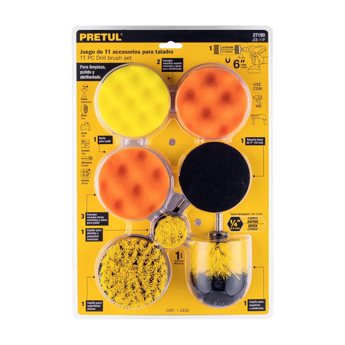 Juego 11 accesorios de limpieza y pulido p/taladro, Pretul | JCE-11P | 27190