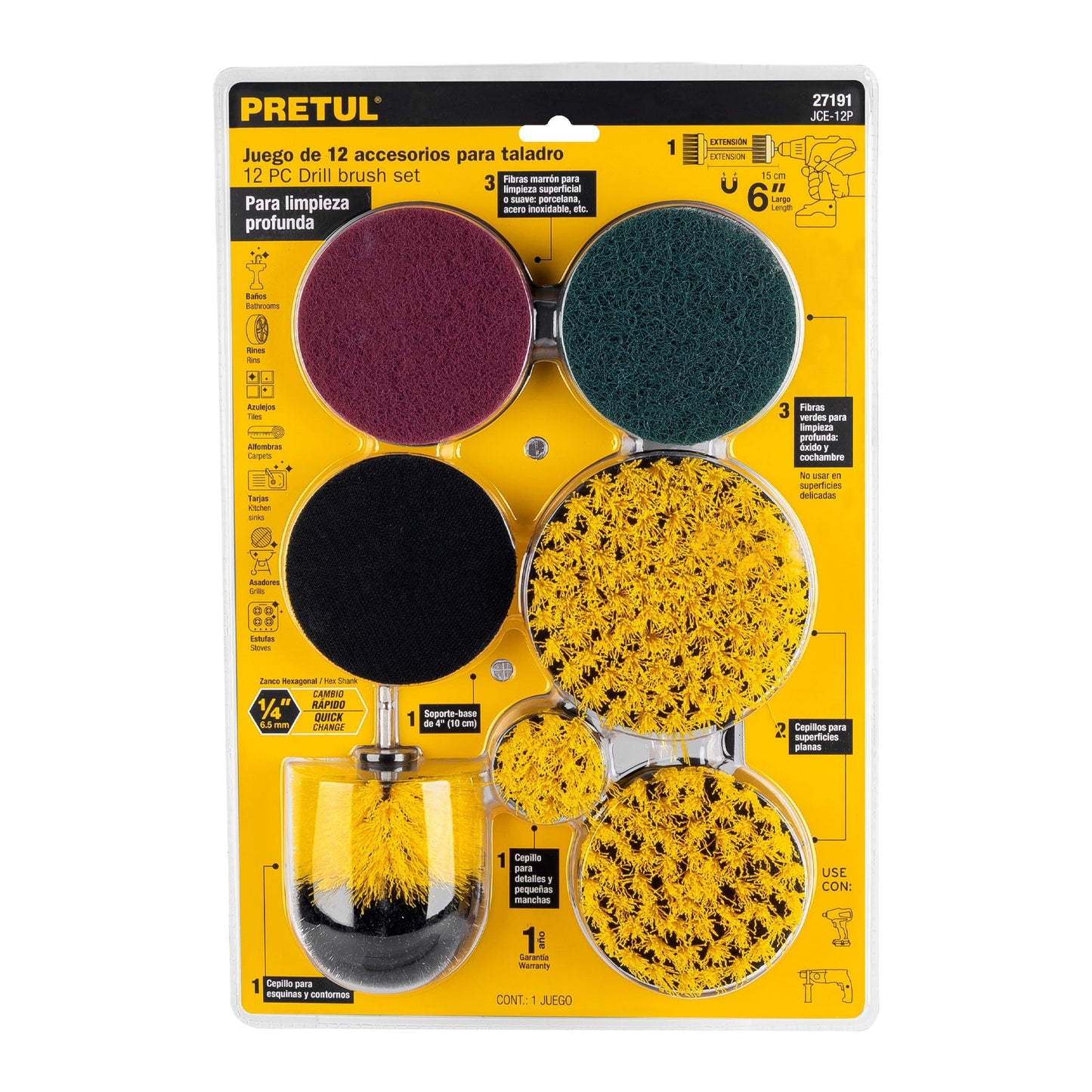Juego 12 accesorios de limpieza y asentado p/taladro, Pretul | JCE-12P | 27191