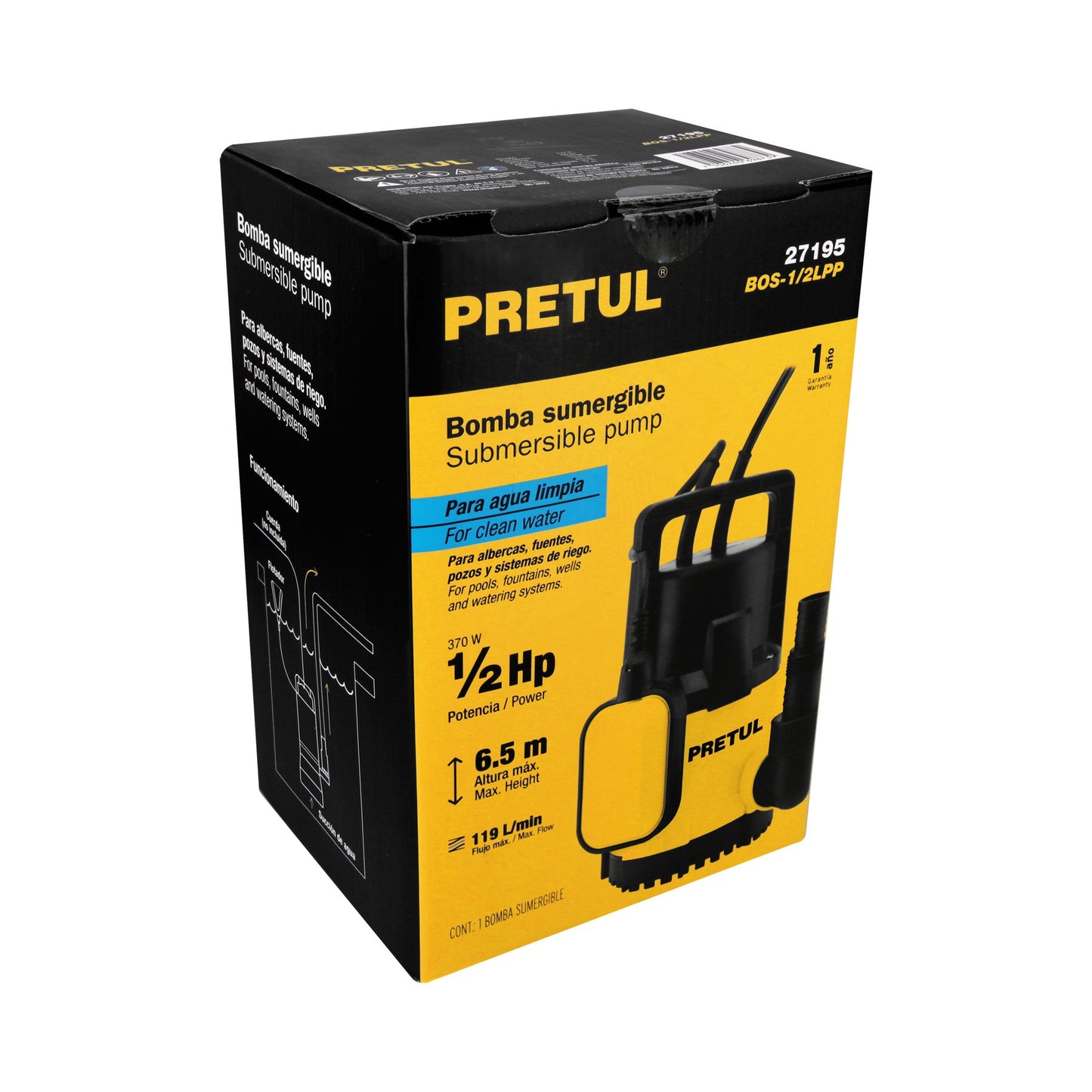 Bomba sumergible plástica, 1/2 HP para agua limpia, PRETUL | BOS-1/2LPP | 27195