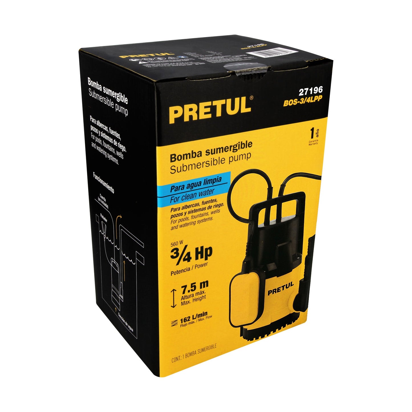 Bomba sumergible plástica, 3/4 HP para agua limpia, PRETUL | BOS-3/4LPP | 27196