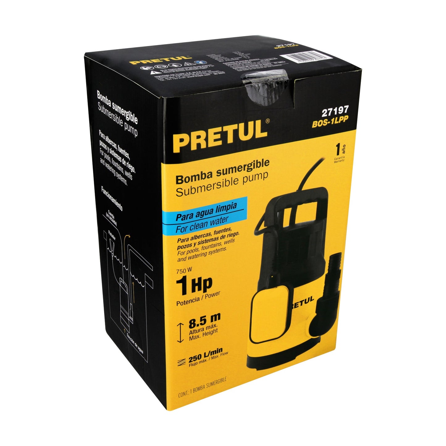 Bomba sumergible plástica, 1 HP para agua limpia, PRETUL | BOS-1LPP | 27197