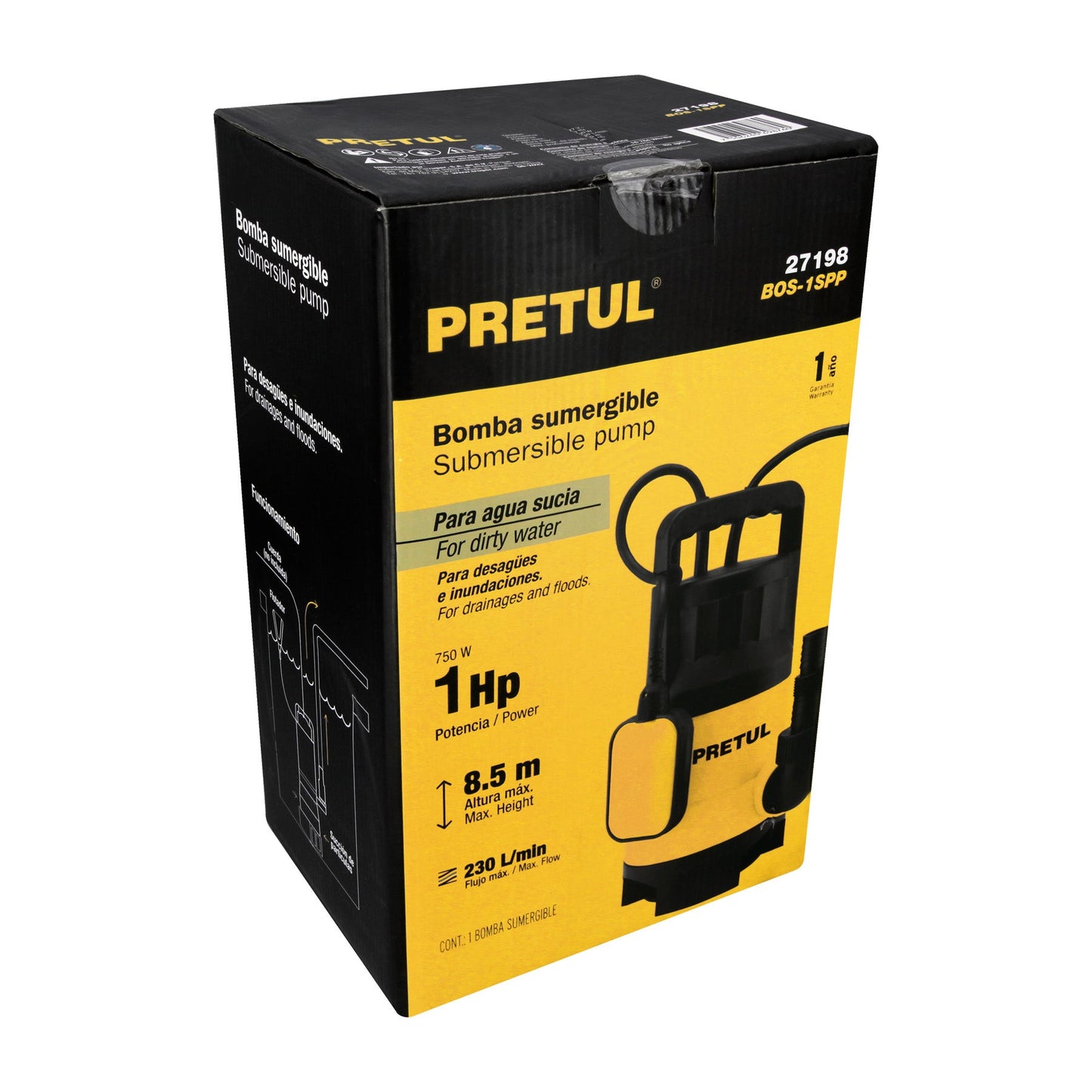 Bomba sumergible plástica, 1 HP para agua sucia, PRETUL | BOS-1SPP | 27198