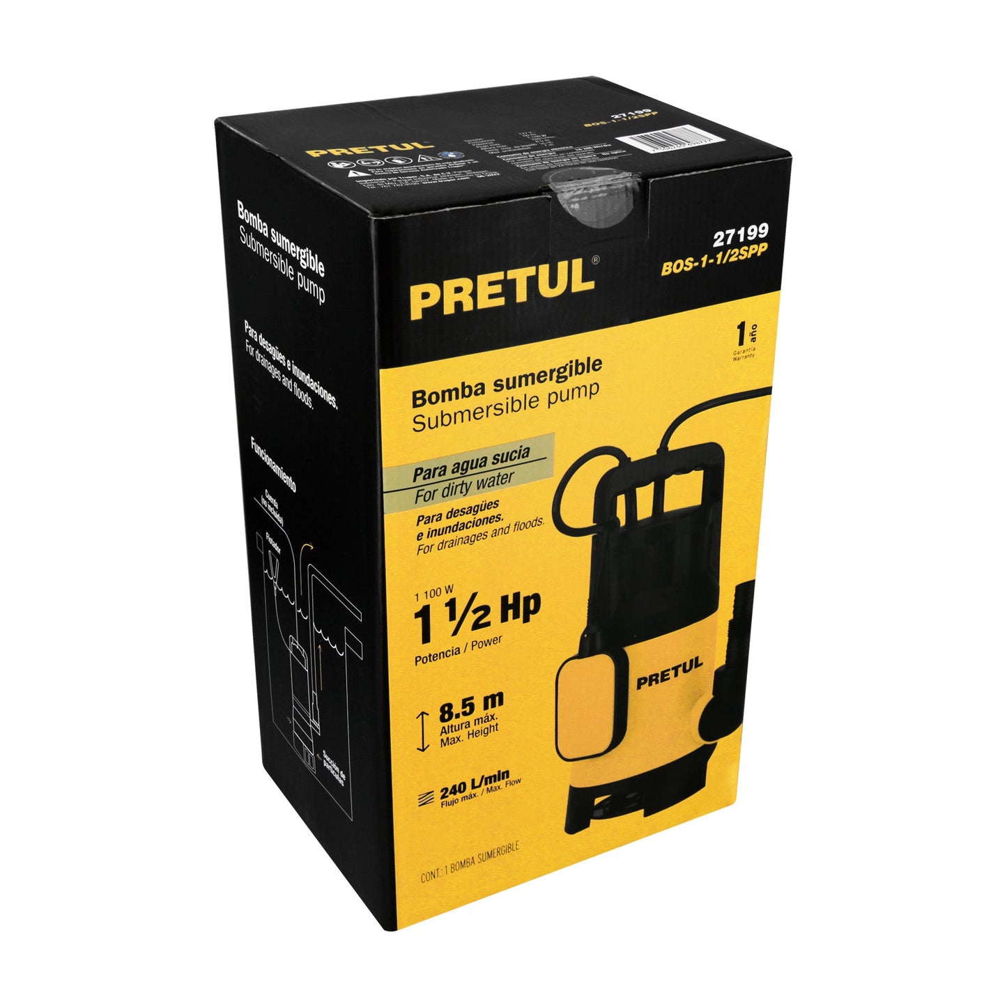 Bomba sumergible plástica, 1-1/2 HP para agua sucia, PRETUL | BOS-1-1/2SPP | 27199