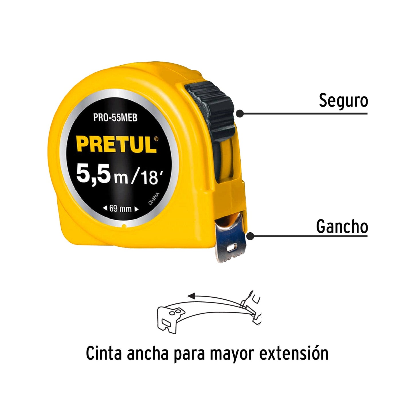 Flexómetro amarillo 5.5 m cinta 25 mm, en tarjeta, PRETUL | PRO-55MEB | 28022