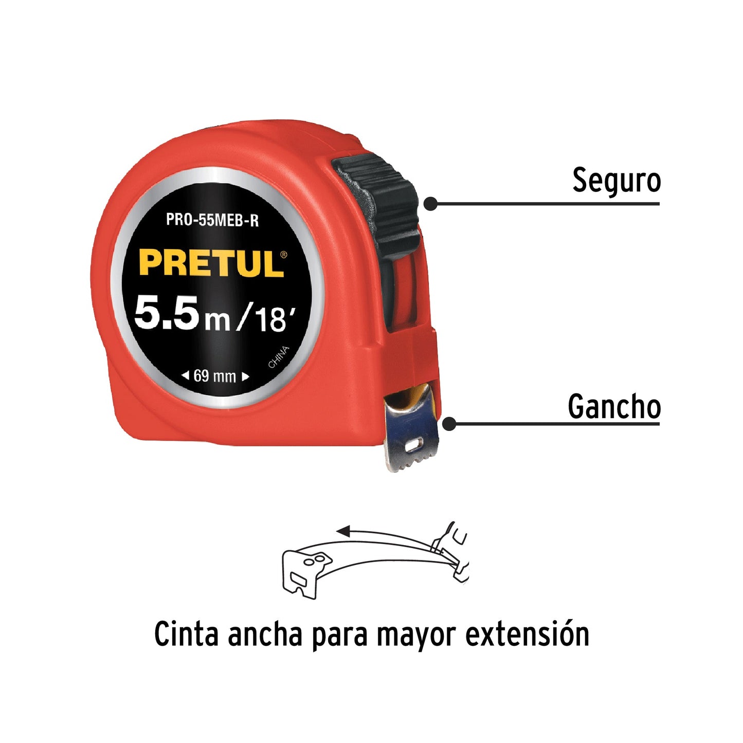 Flexómetro rojo 5.5 m cinta 25 mm, en tarjeta, PRETUL | PRO-55MEB-R | 28024