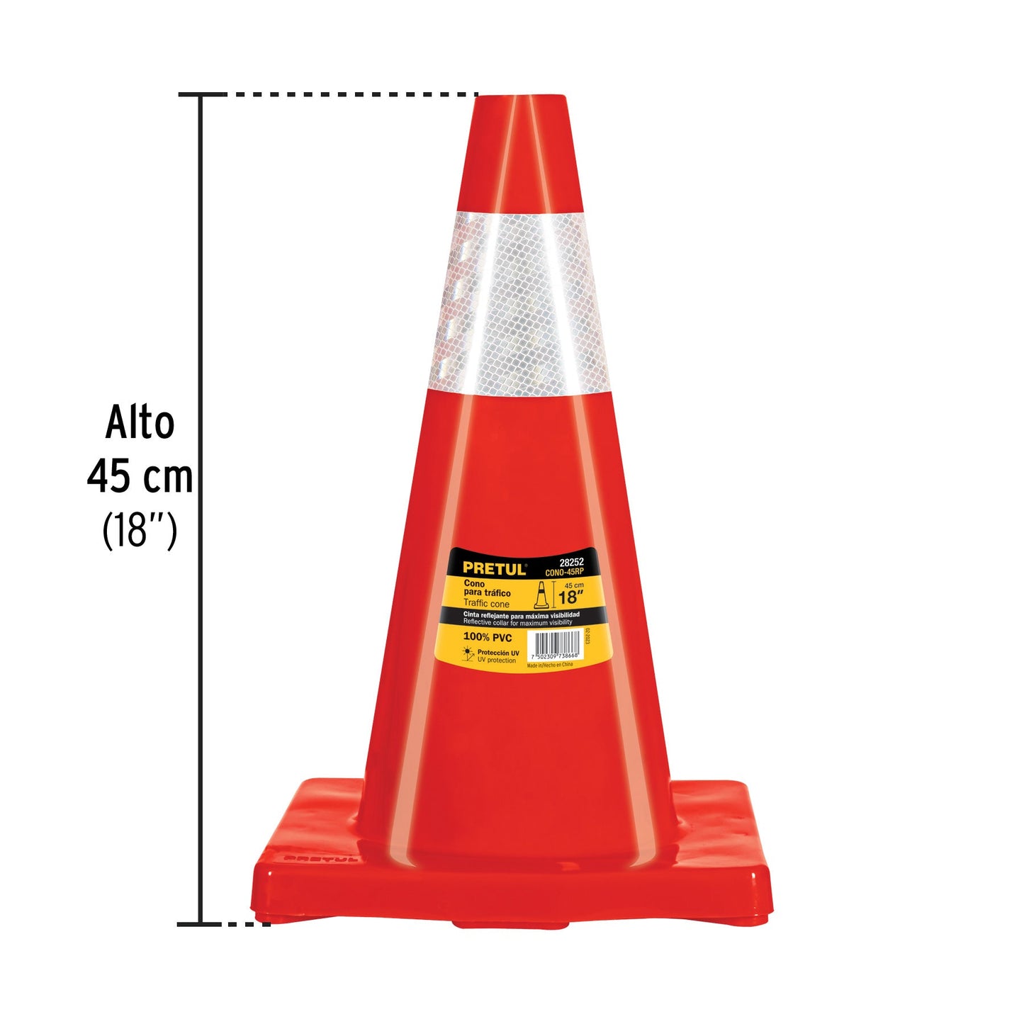 Cono de precaución de 45 cm de PVC con reflejante, Pretul | CONO-45RP | 28252