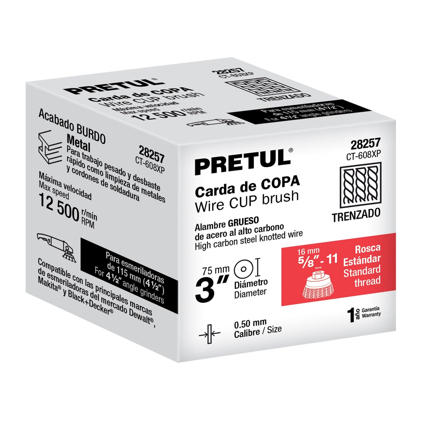 Carda copa 3' alambre trenzado grueso, eje 5/8'-11, Pretul | CT-608XP | 28257