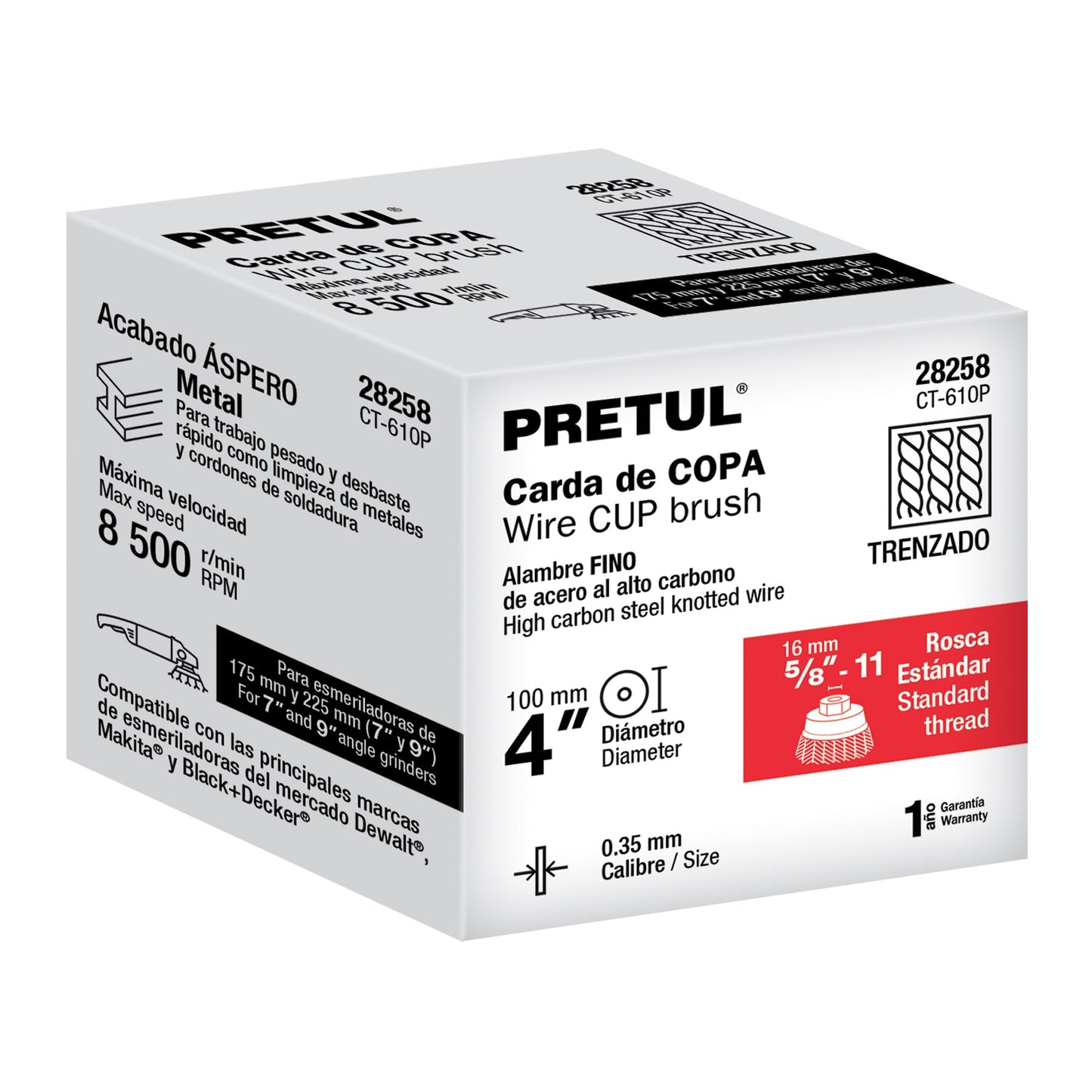 Carda copa 4' alambre trenzado fino, eje 5/8'-11, Pretul | CT-610P | 28258