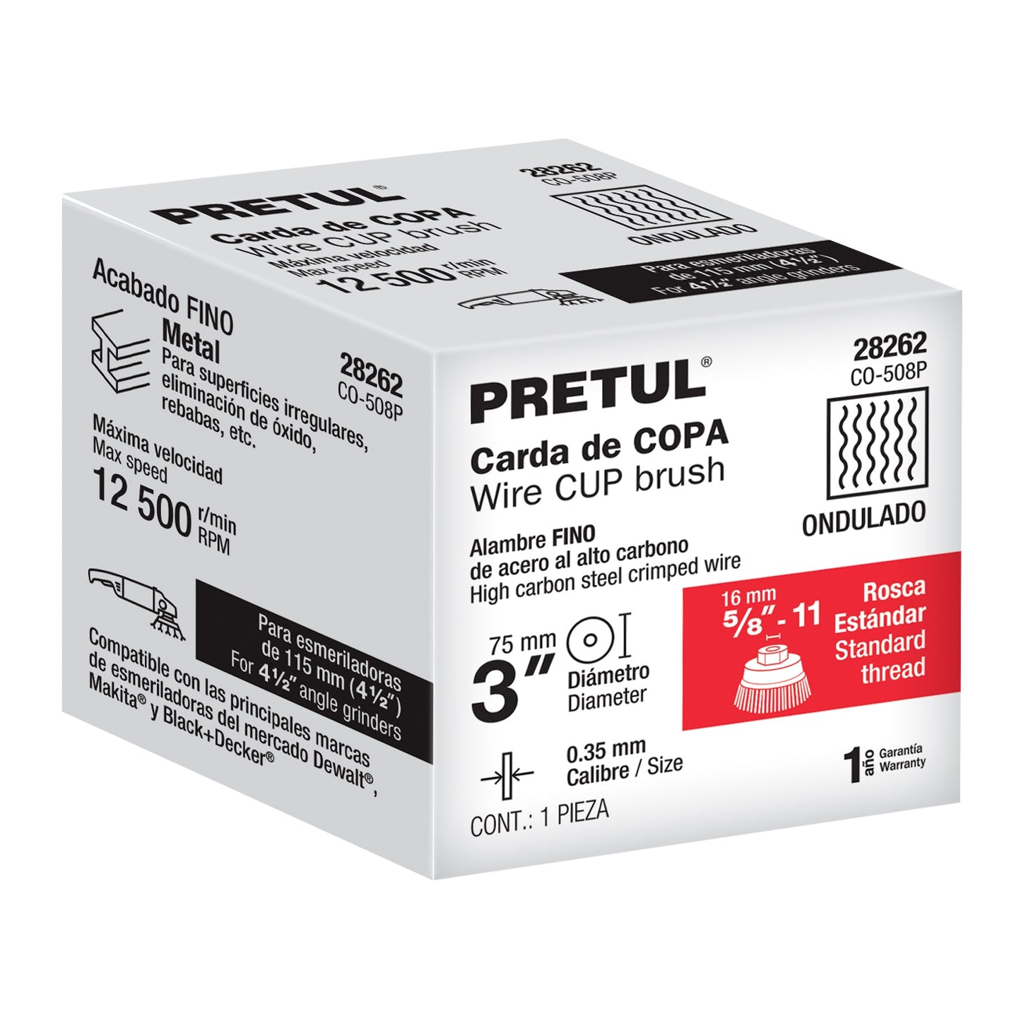 Carda copa 3' alambre ondulado fino, eje 5/8'-11, Pretul | CO-508P | 28262