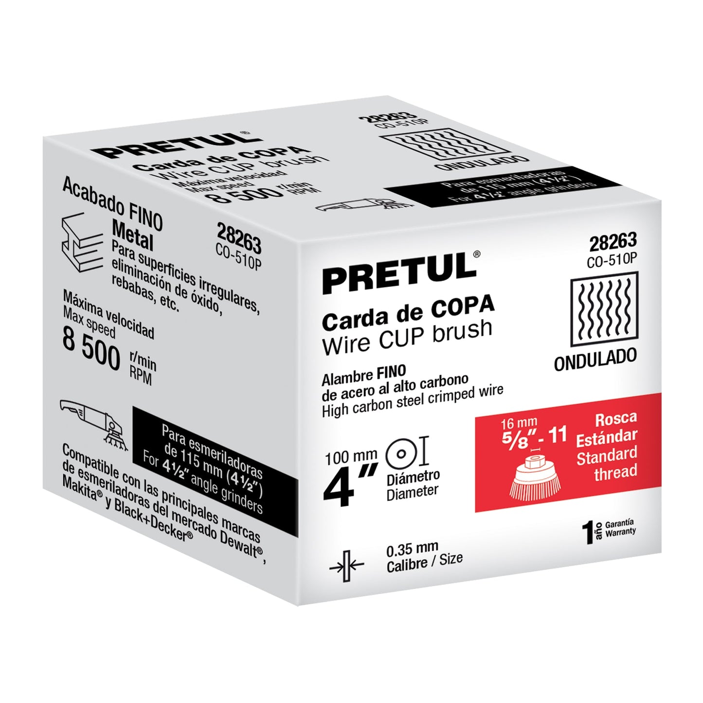 Carda copa 4' alambre ondulado fino, eje 5/8'-11, Pretul | CO-510P | 28263